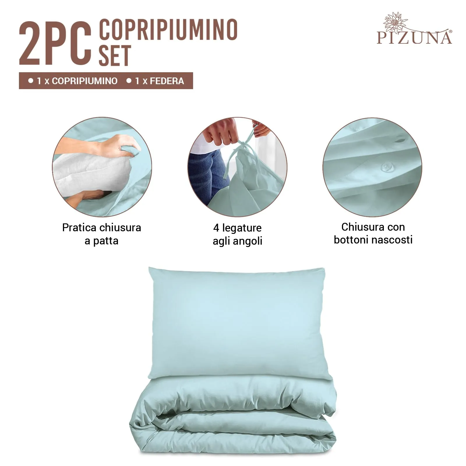Pizuna Linens Set Copripiumino Singolo in Cotone 400 fili, 150x200 cm, Blu, 2 Pezzi - immagine 3
