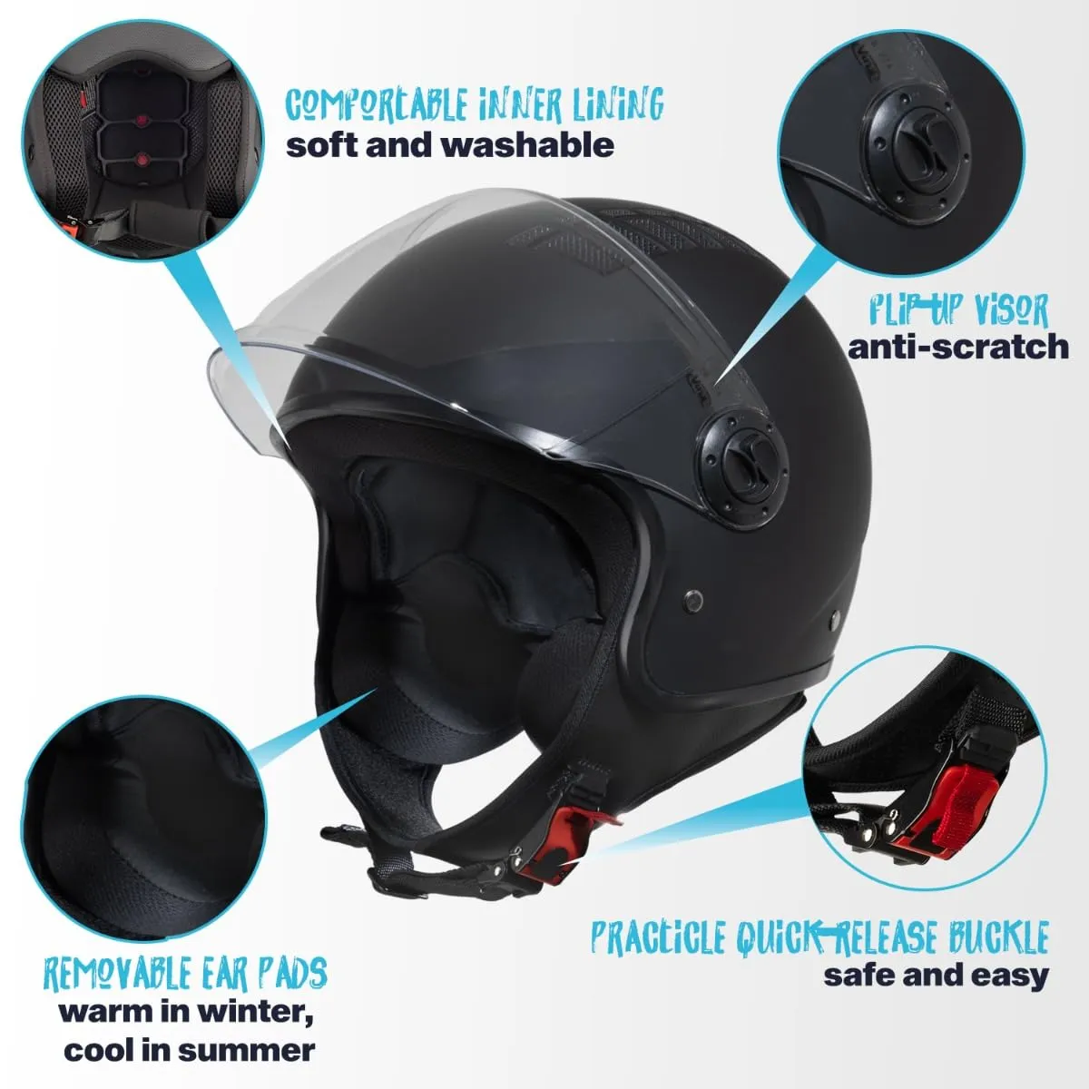 Vinz Como Casco Jet con Visiera ECE 22.06 - Nero opaco, XL - immagine 2