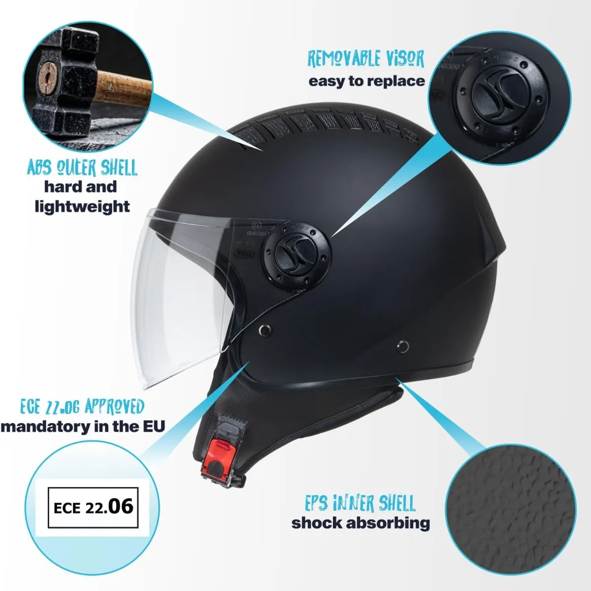 Vinz Como Casco Jet con Visiera ECE 22.06 - Nero opaco, XL - immagine 3