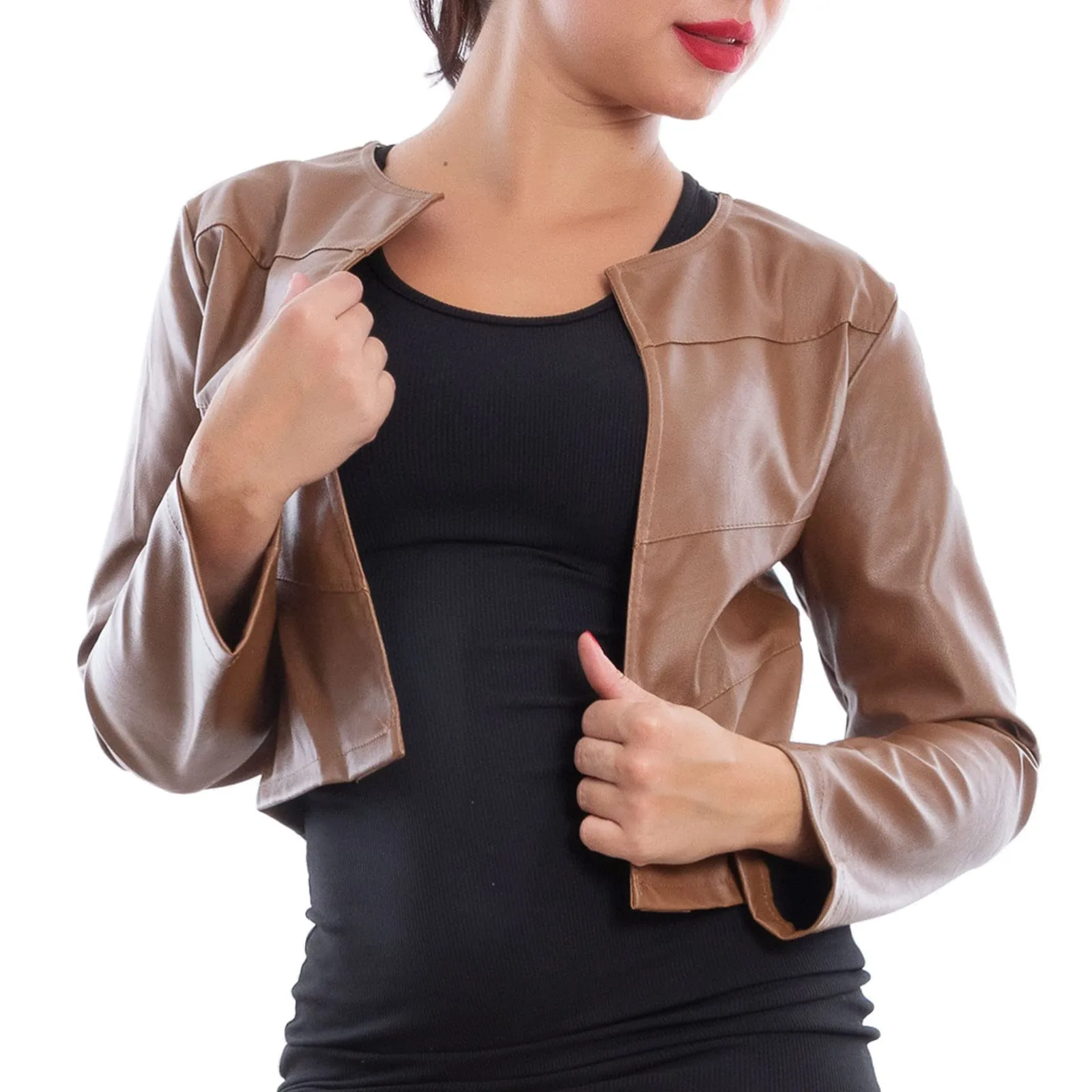 Toocool Giacca Donna Corta Ecopelle Bolero Senza Chiusura VI-2601 Marrone Taglia Unica - immagine 1