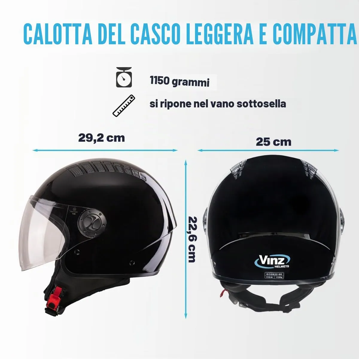 Vinz Como Casco Jet con Visiera ECE 22.06 - Nero, XL - immagine 5