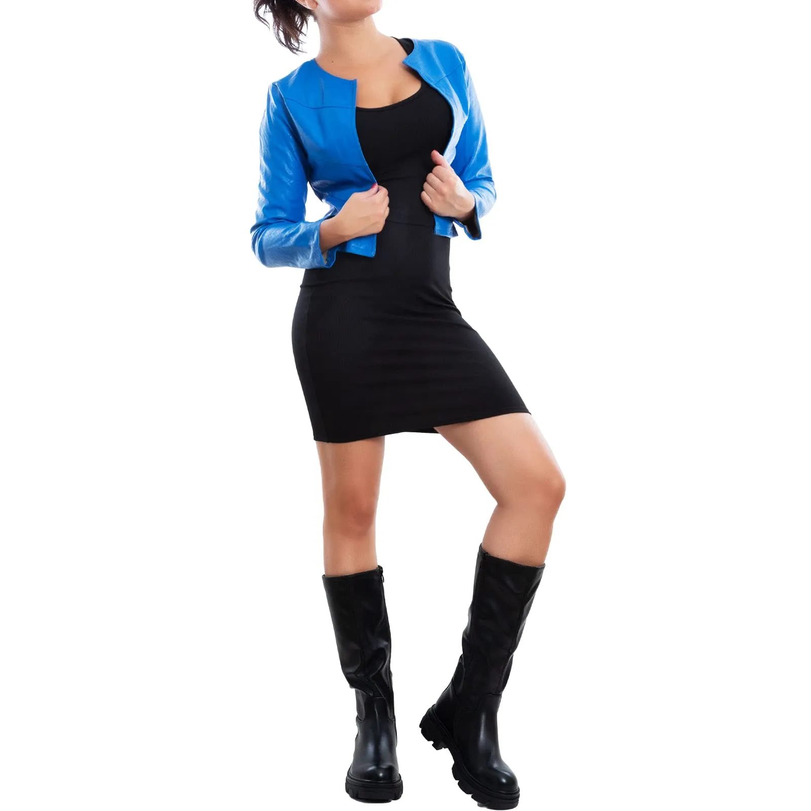 Toocool Giacca Donna Corta Ecopelle Bolero Senza Chiusura VI-2601 Blu Elettrico Taglia Unica - immagine 3