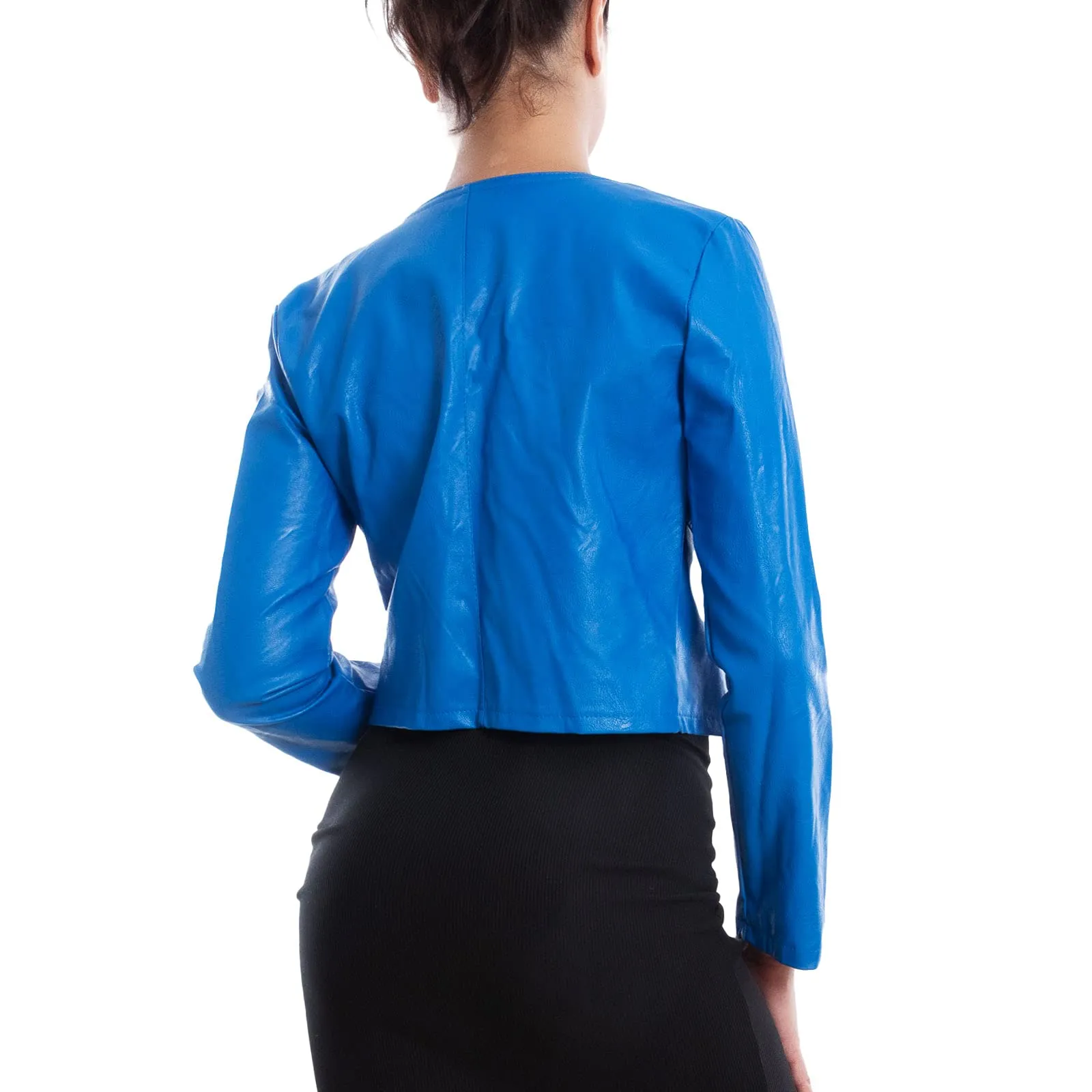 Toocool Giacca Donna Corta Ecopelle Bolero Senza Chiusura VI-2601 Blu Elettrico Taglia Unica - immagine 5