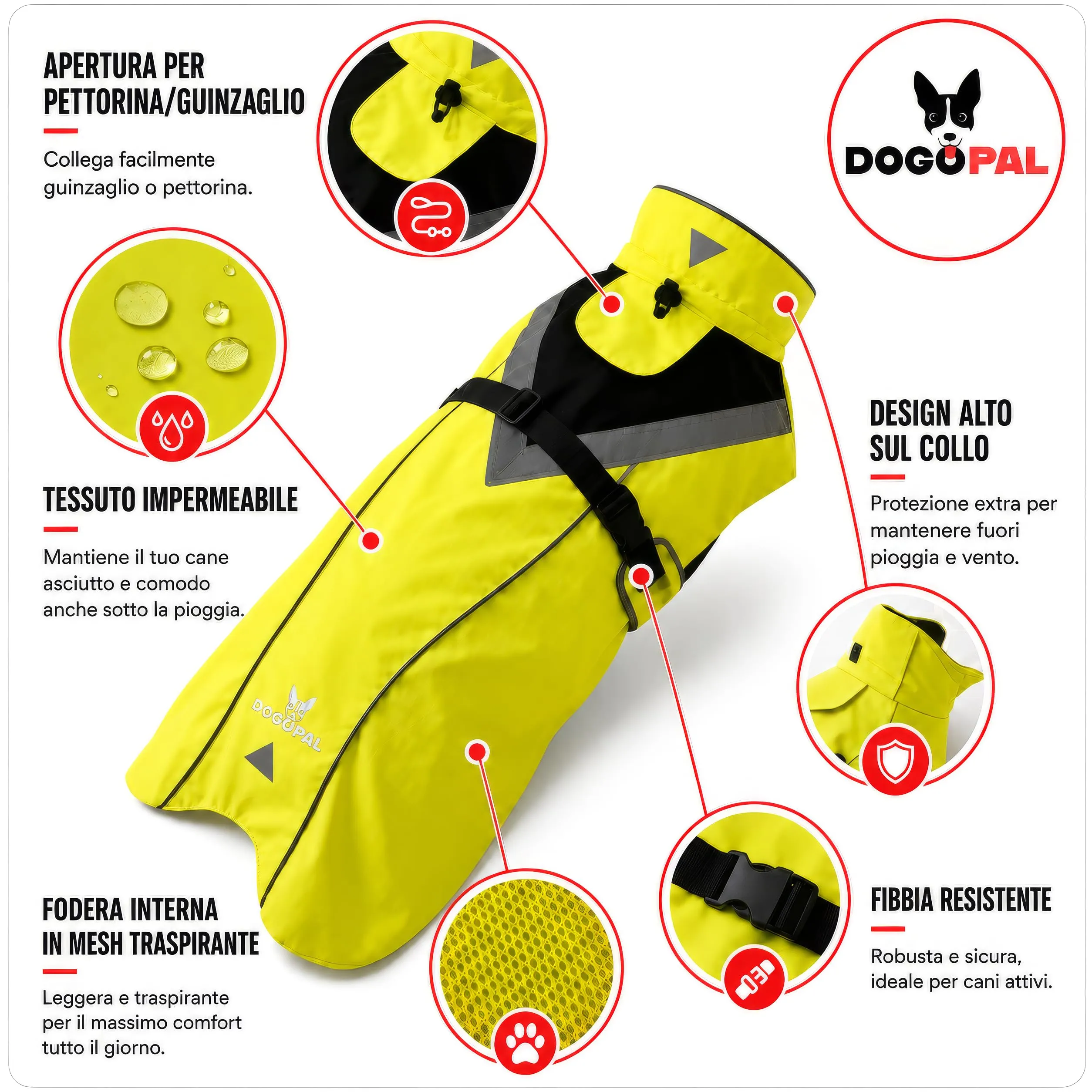 DOGOPAL Impermeabile per Cane Riflettente con Apertura per Guinzaglio, Giallo, XXL - immagine 3