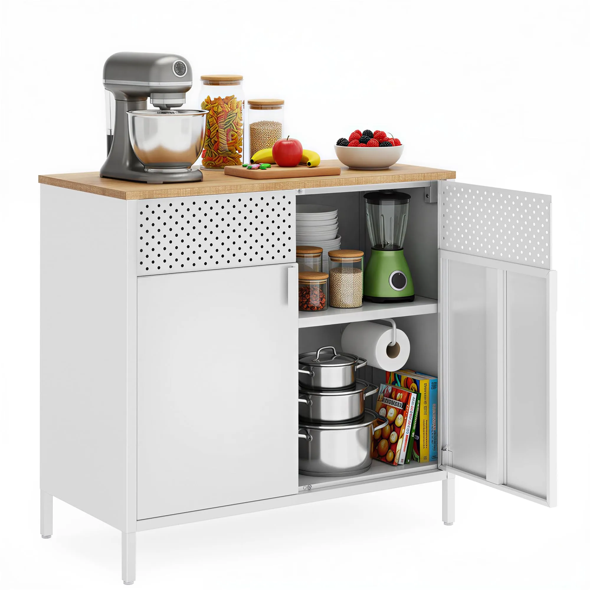 SONGMICS Mobiletto Contenitore Credenza in Metallo, Doppia Anta con Chiusura Magnetica, Ripiani Regolabili, 40 x 80 x 76 cm, Beige Naturale e Bianco Nuvola LSC102W57 - immagine 1