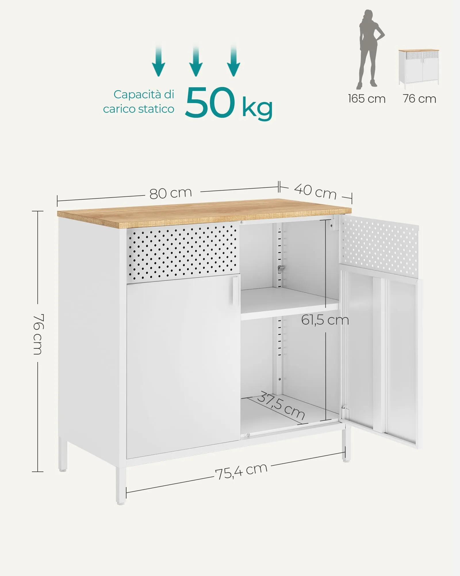 SONGMICS Mobiletto Contenitore Credenza in Metallo, Doppia Anta con Chiusura Magnetica, Ripiani Regolabili, 40 x 80 x 76 cm, Beige Naturale e Bianco Nuvola LSC102W57 - immagine 2