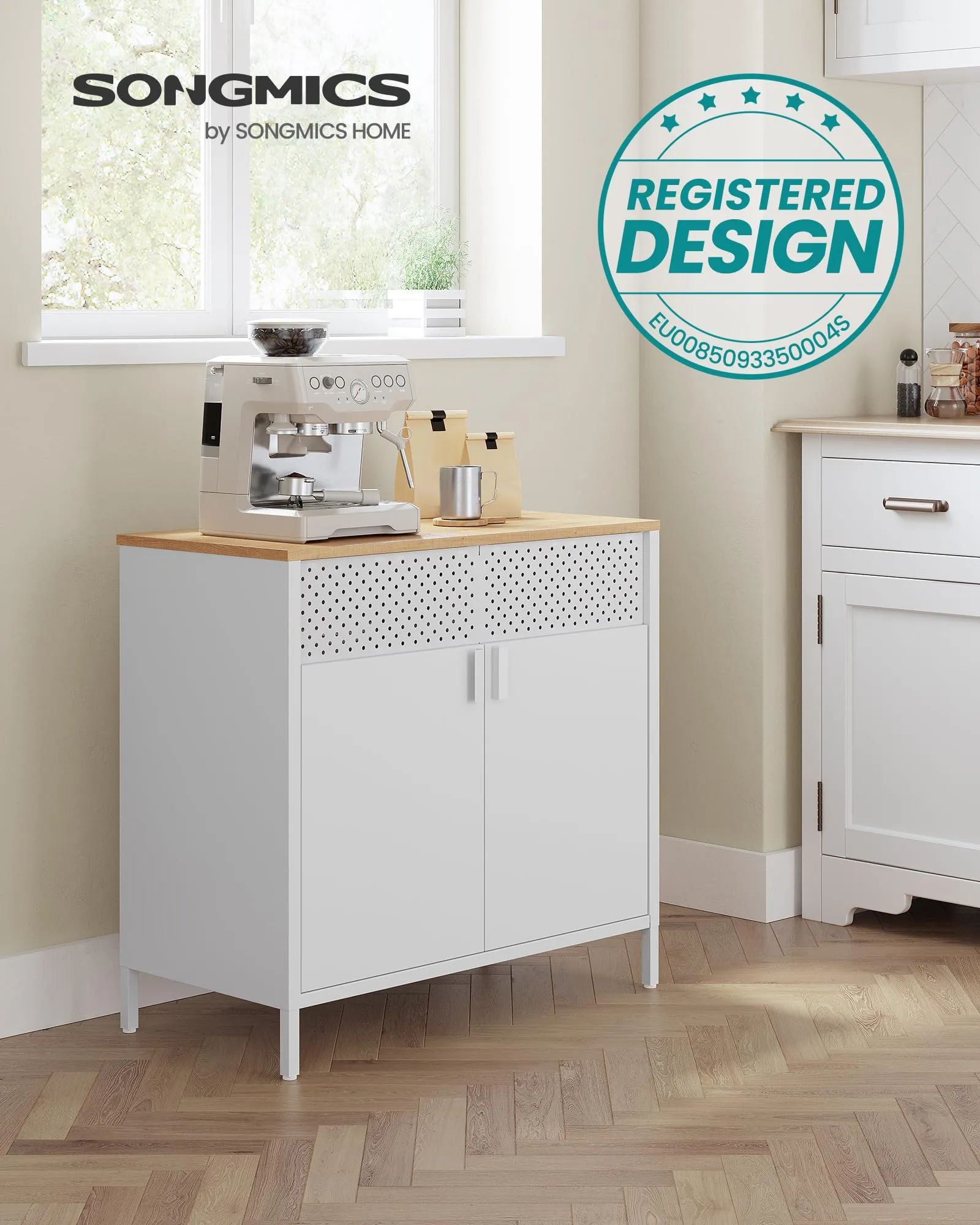 SONGMICS Mobiletto Contenitore Credenza in Metallo, Doppia Anta con Chiusura Magnetica, Ripiani Regolabili, 40 x 80 x 76 cm, Beige Naturale e Bianco Nuvola LSC102W57 - immagine 3