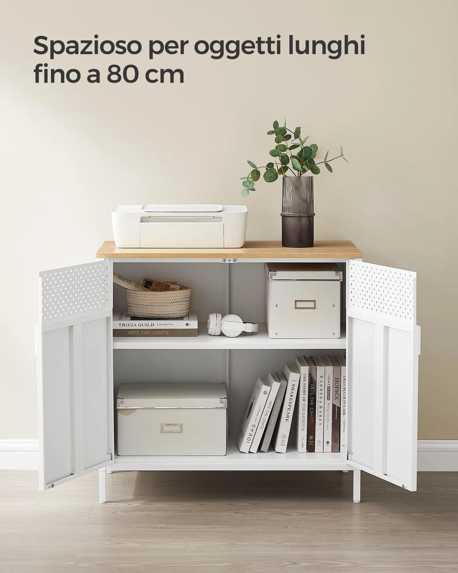 SONGMICS Mobiletto Contenitore Credenza in Metallo, Doppia Anta con Chiusura Magnetica, Ripiani Regolabili, 40 x 80 x 76 cm, Beige Naturale e Bianco Nuvola LSC102W57 - immagine 4