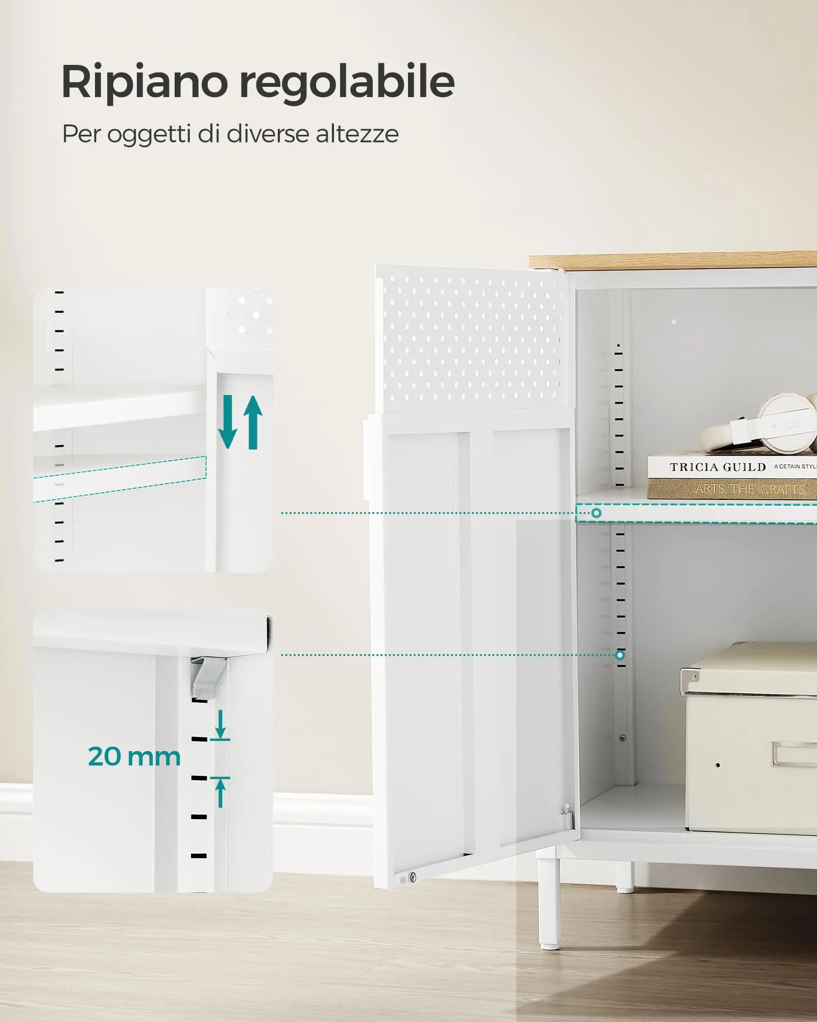 SONGMICS Mobiletto Contenitore Credenza in Metallo, Doppia Anta con Chiusura Magnetica, Ripiani Regolabili, 40 x 80 x 76 cm, Beige Naturale e Bianco Nuvola LSC102W57 - immagine 7