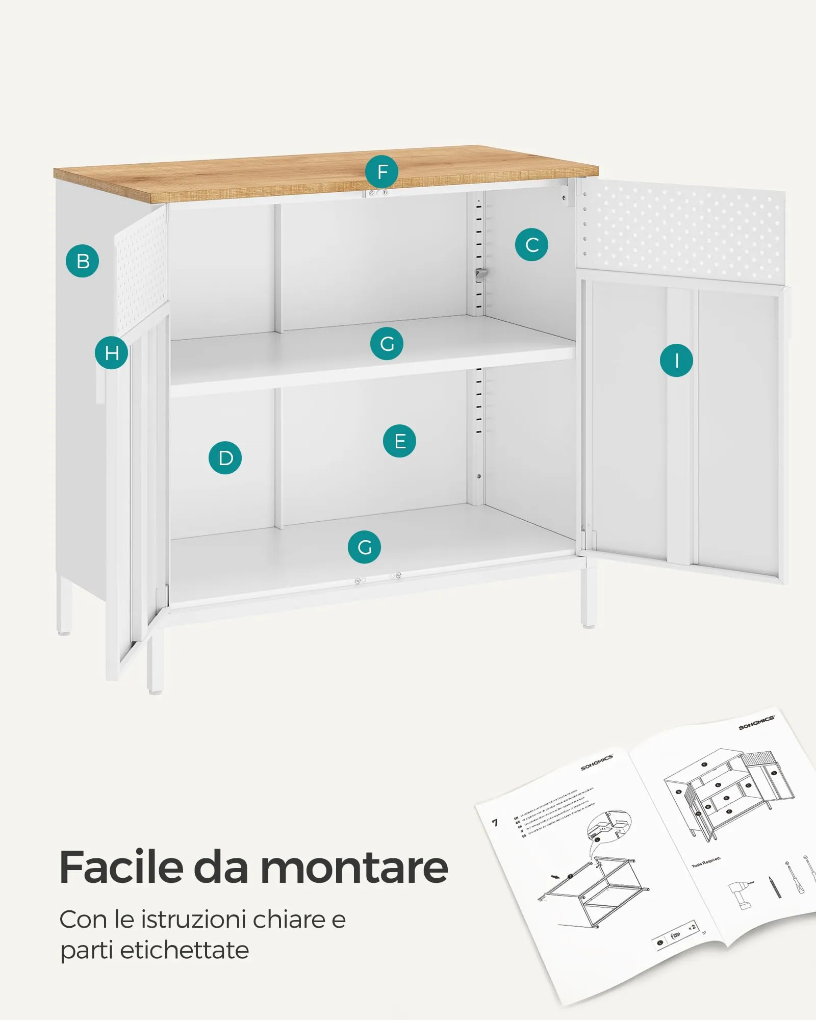 SONGMICS Mobiletto Contenitore Credenza in Metallo, Doppia Anta con Chiusura Magnetica, Ripiani Regolabili, 40 x 80 x 76 cm, Beige Naturale e Bianco Nuvola LSC102W57 - immagine 9