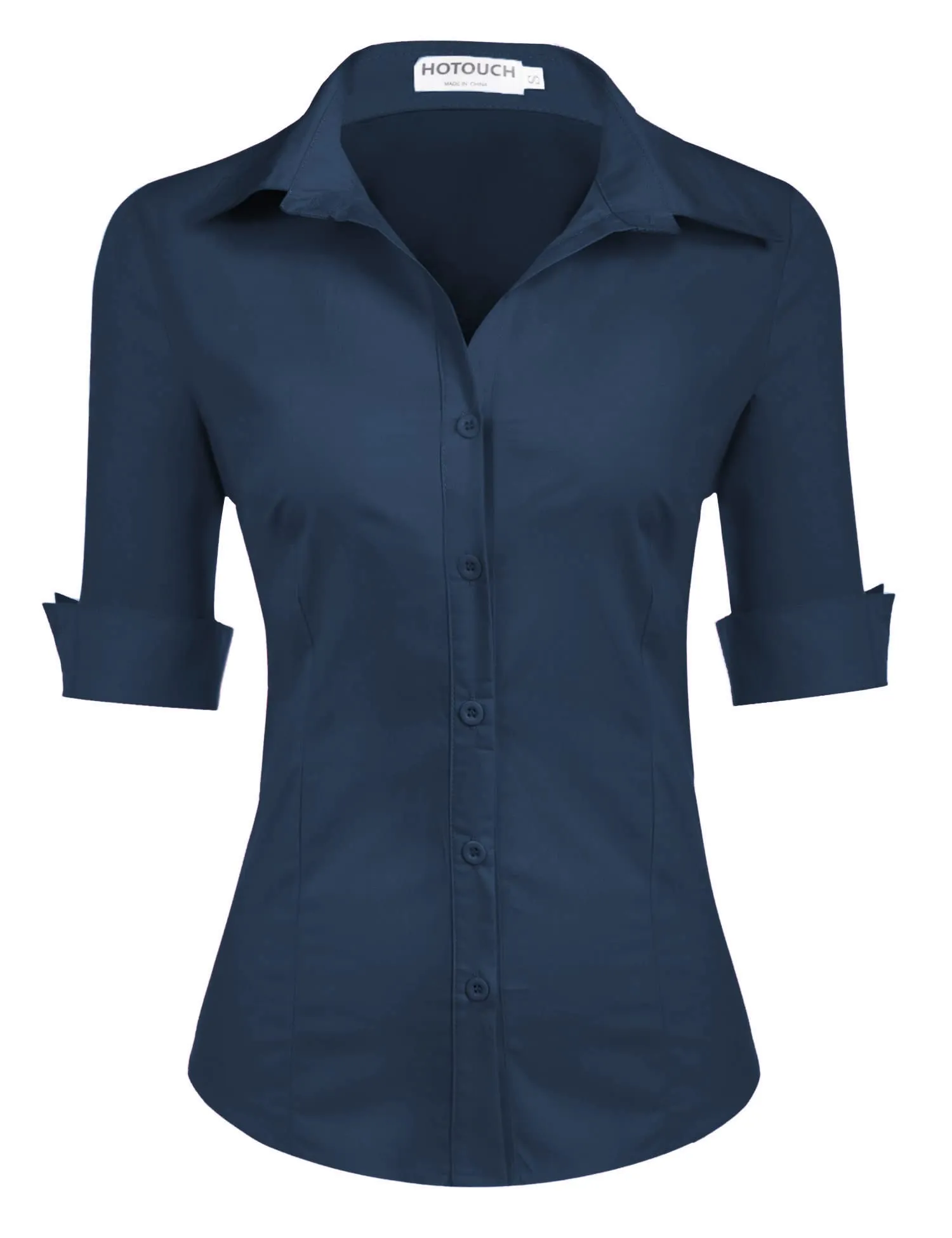 Hotouch Camicetta da Donna in Cotone, Manica a 3/4, Scollo a V, Slim Fit, Blu Navy, L - immagine 6