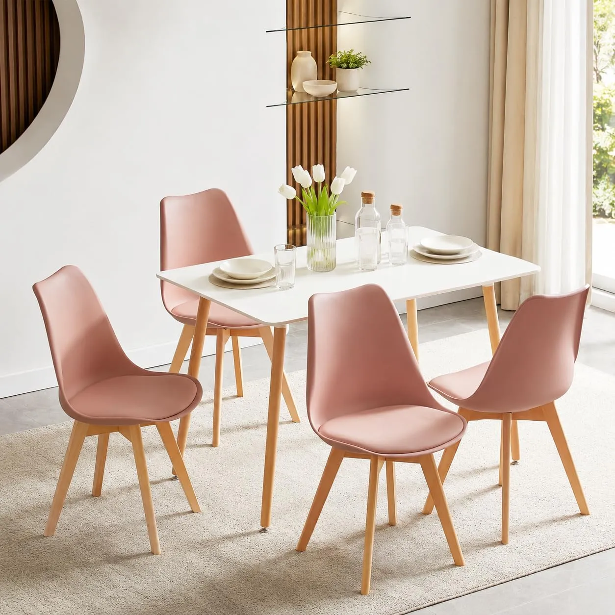 EGGREE Set di 4 Sedie da Pranzo e Cucina in Pelle PU e Legno di Faggio, Rosa Fumé - immagine 6