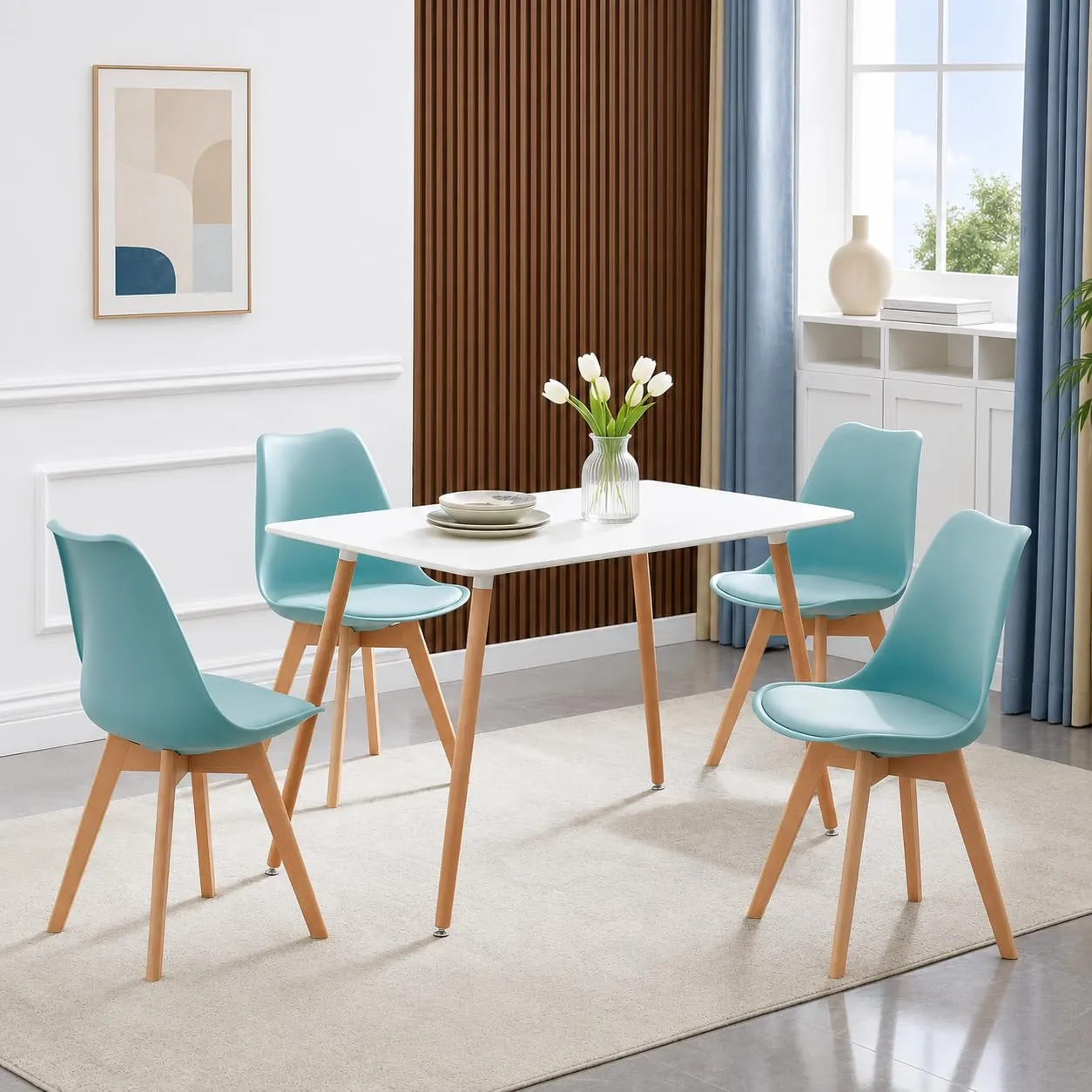 EGGREE Set di 4 Sedie da Pranzo e Cucina in Pelle PU e Legno di Faggio, Blu Menta - immagine 8