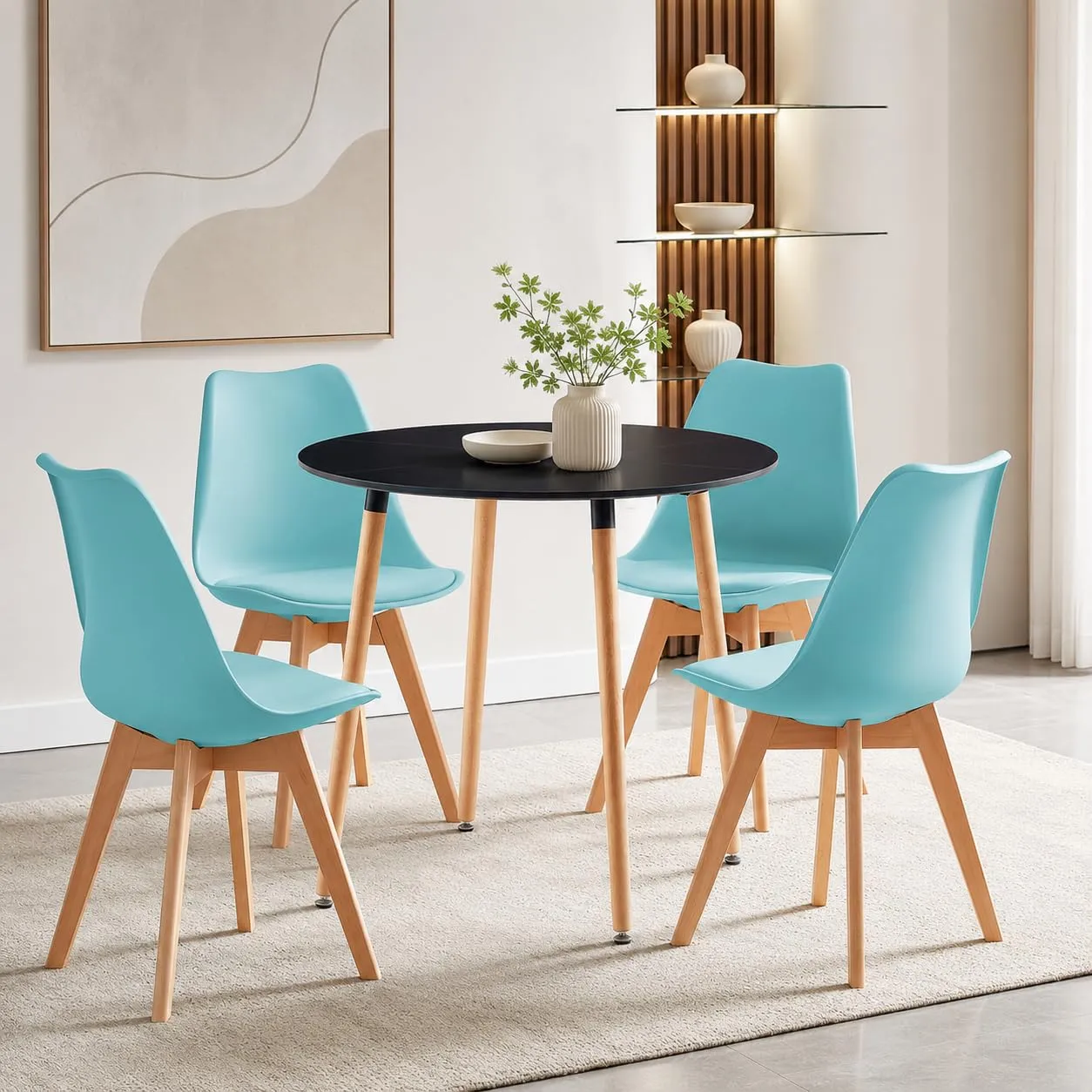 EGGREE Set di 4 Sedie da Pranzo e Cucina in Pelle PU e Legno di Faggio, Blu Menta - immagine 10
