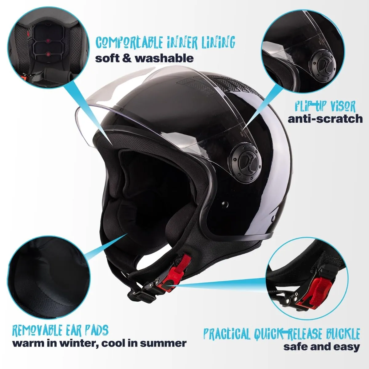 Vinz Como Casco Jet con Visiera ECE 22.06 - Nero, L - immagine 2