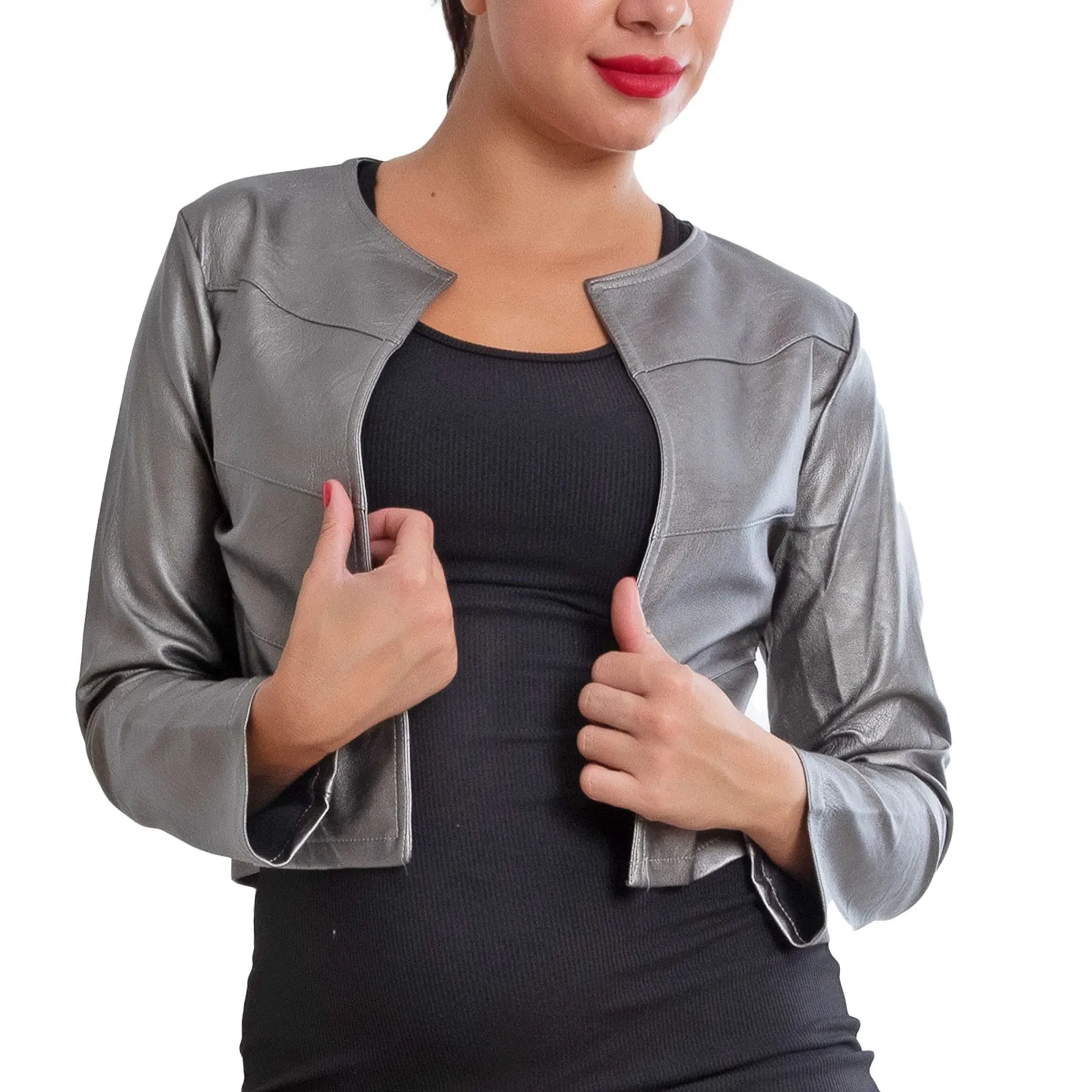 Toocool Giacca Donna Corta Ecopelle Bolero Senza Chiusura VI-2601, Piombo, Taglia Unica - immagine 2