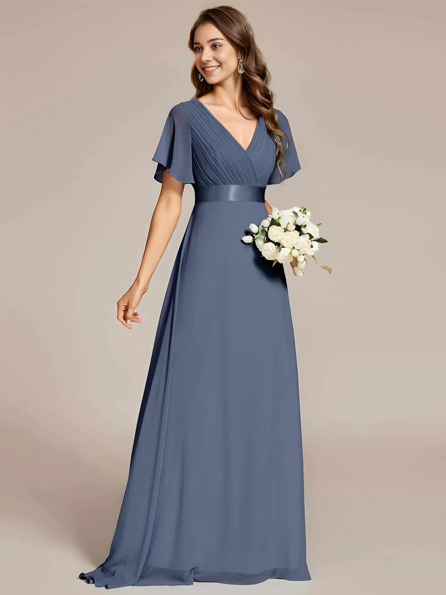 Ever-Pretty Vestito da Sera e Cerimonia Donna Scollo a V Linea ad A con Spacco Blu Tempesta 56 - immagine 5
