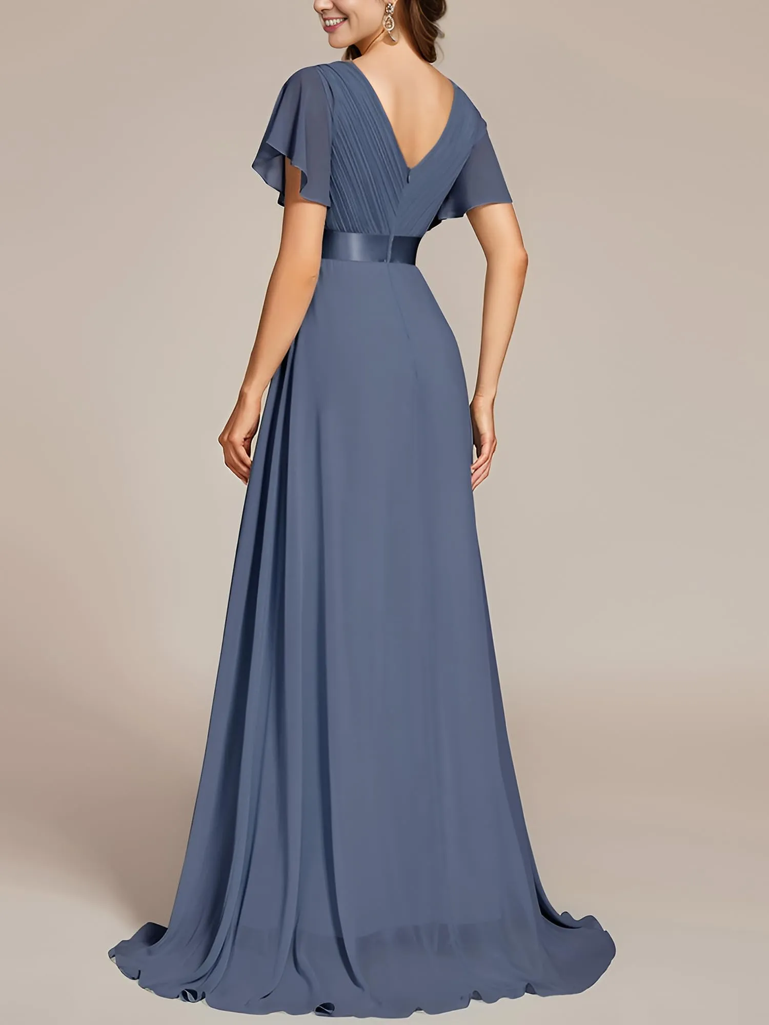 Ever-Pretty Abito da Cerimonia Donna Linea ad A Scollo a V con Spacco Blu Tempesta 58 - immagine 2