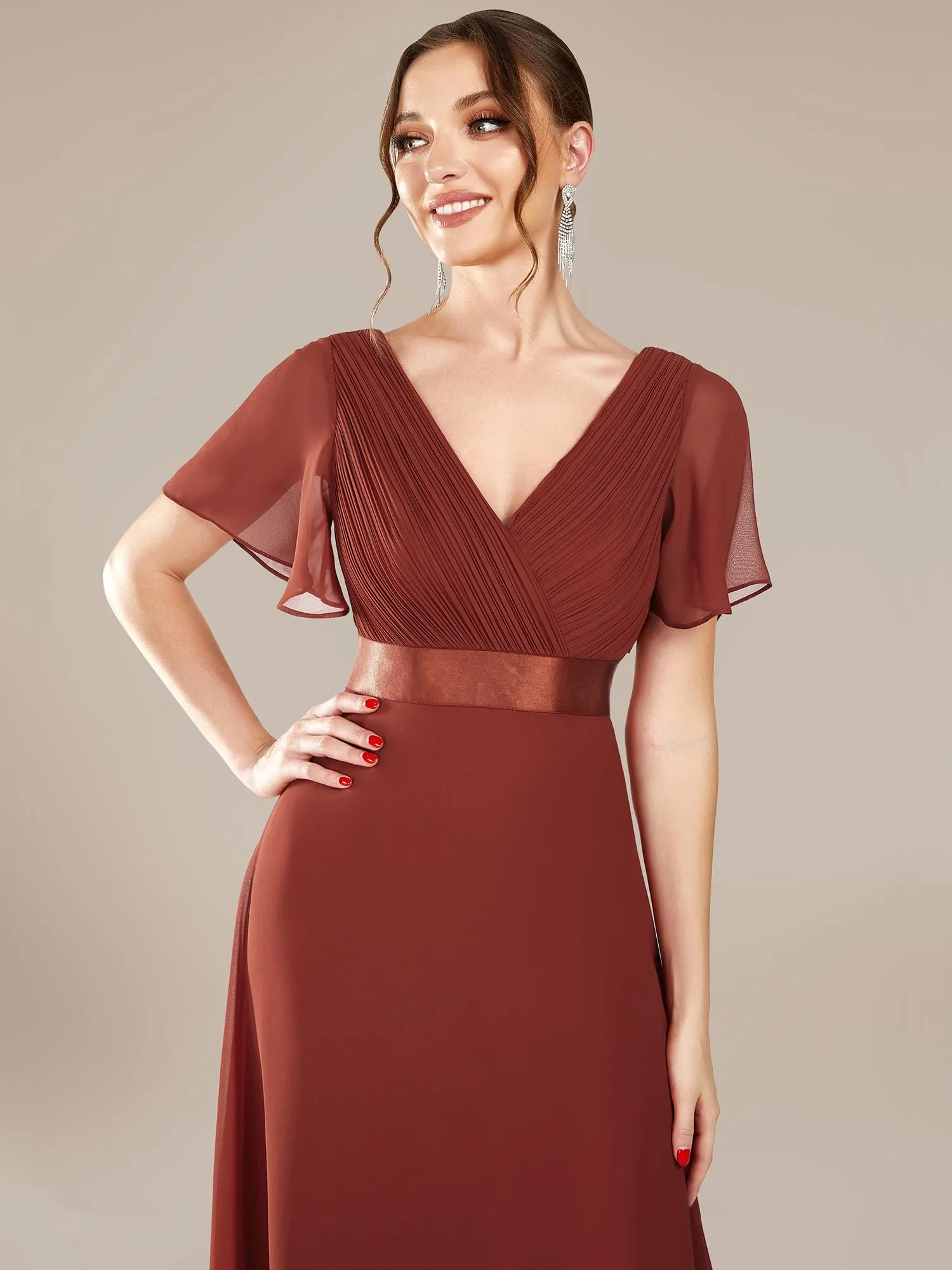 Ever-Pretty Vestito da Sera e Cerimonia Donna Scollo a V Linea ad A con Spacco Vermiglio 56 - immagine 2