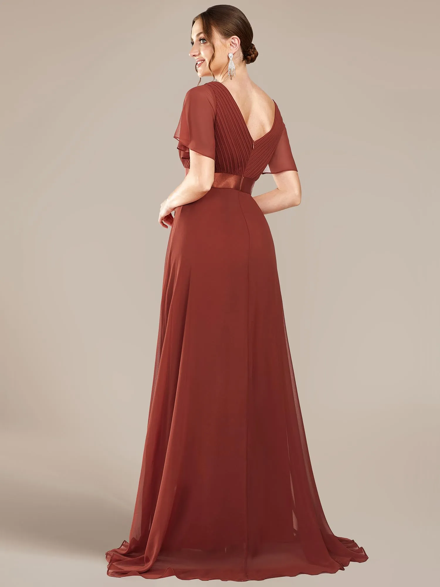Ever-Pretty Vestito da Sera e Cerimonia Donna Scollo a V Linea ad A con Spacco Vermiglio 56 - immagine 5