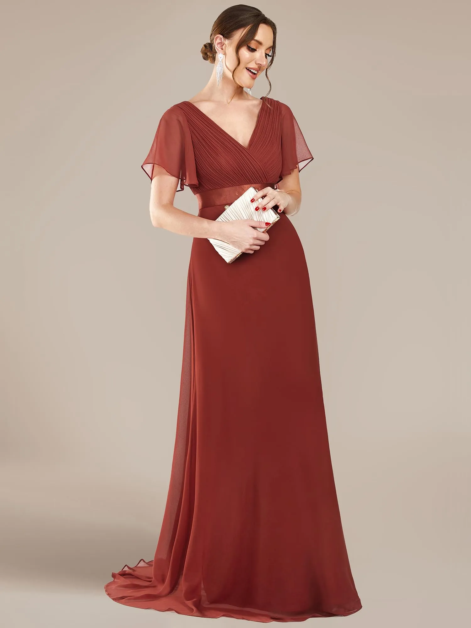 Ever-Pretty Vestito da Cerimonia Donna Scollo a V Linea ad A con Spacco Vermiglio 38 - immagine 3