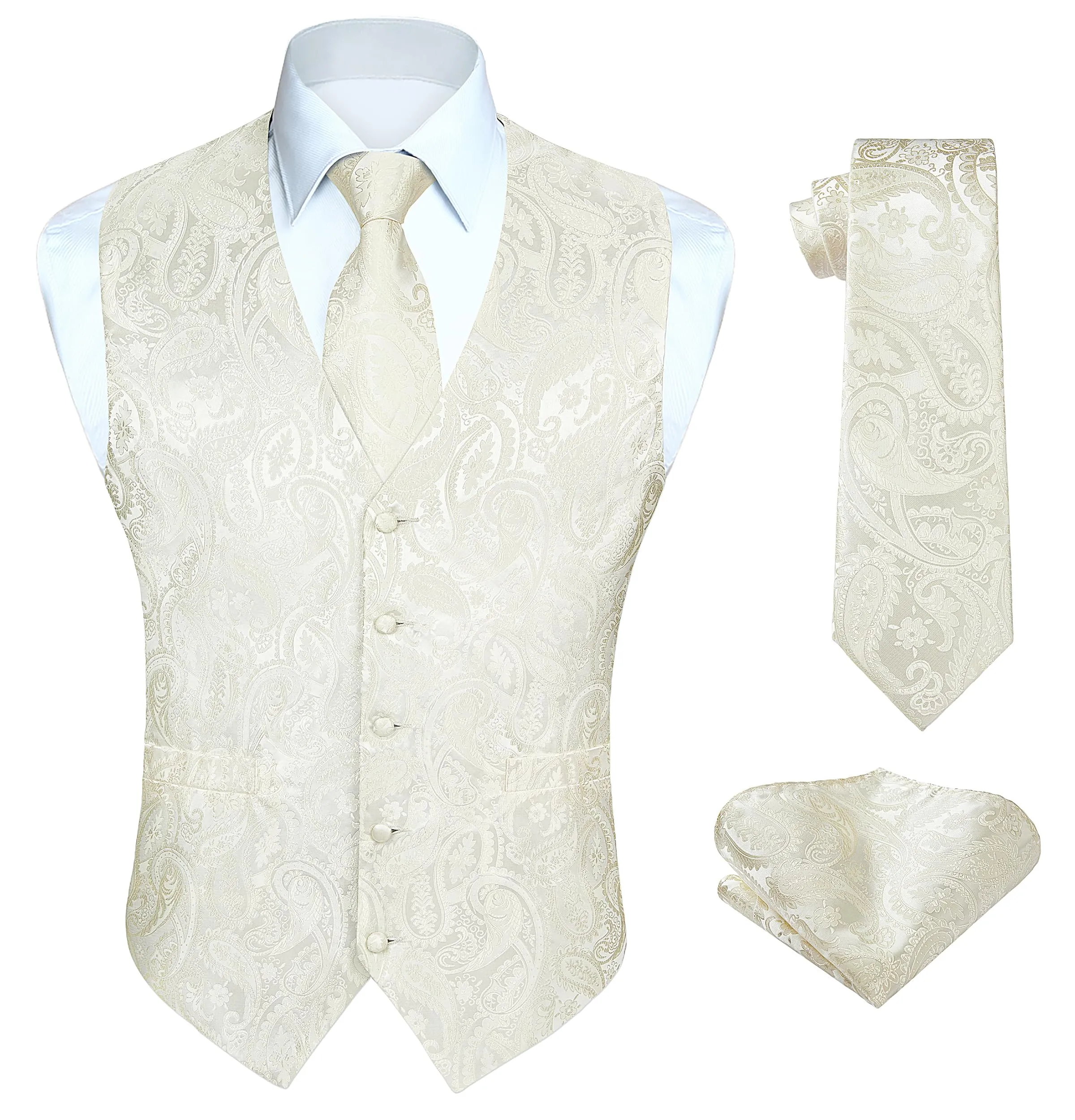 HISDERN Gilet Uomo Paisley con Cravatta e Fazzoletto da Taschino, 2XL - immagine 1