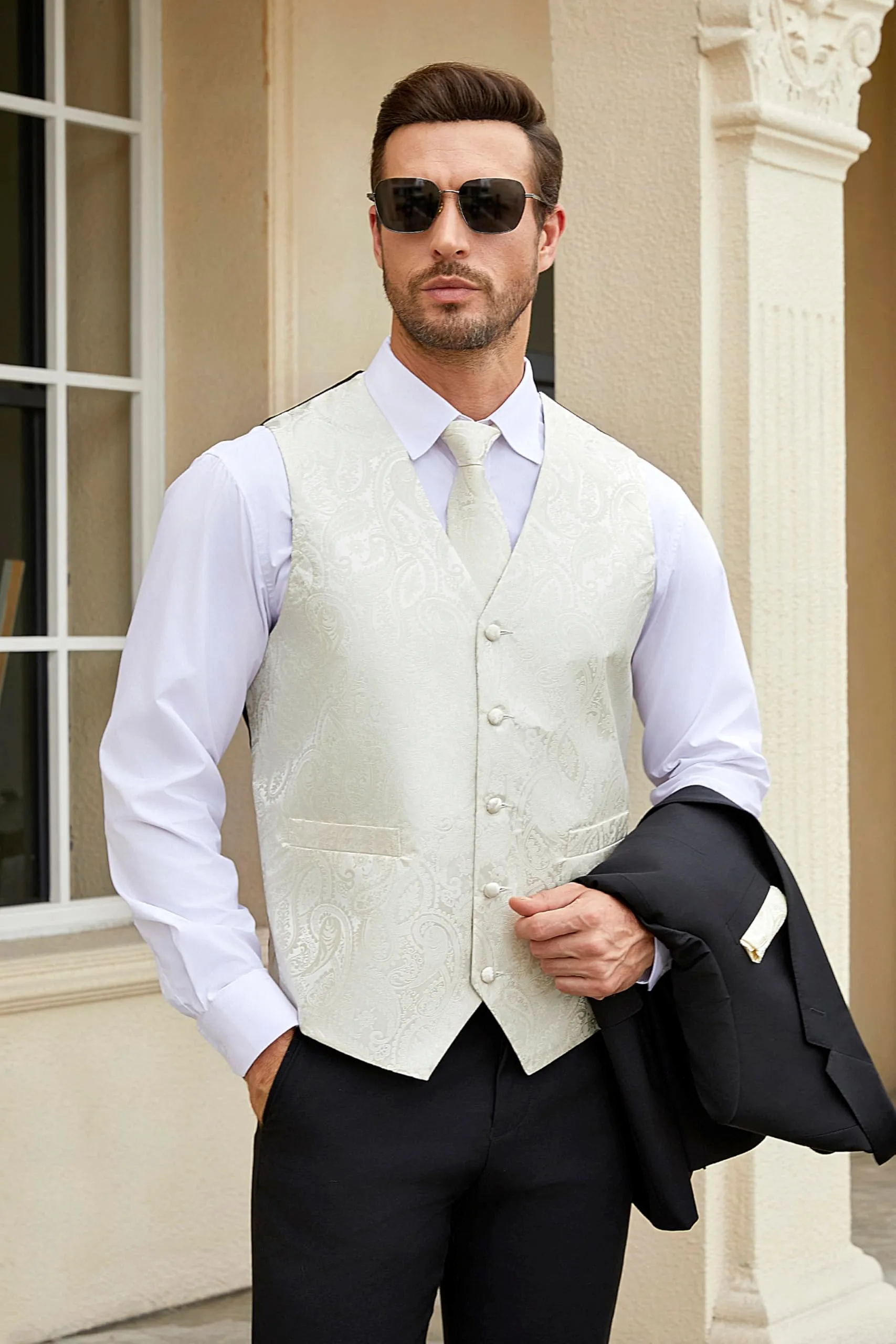 HISDERN Gilet Uomo Paisley con Cravatta e Fazzoletto da Taschino, 2XL - immagine 7