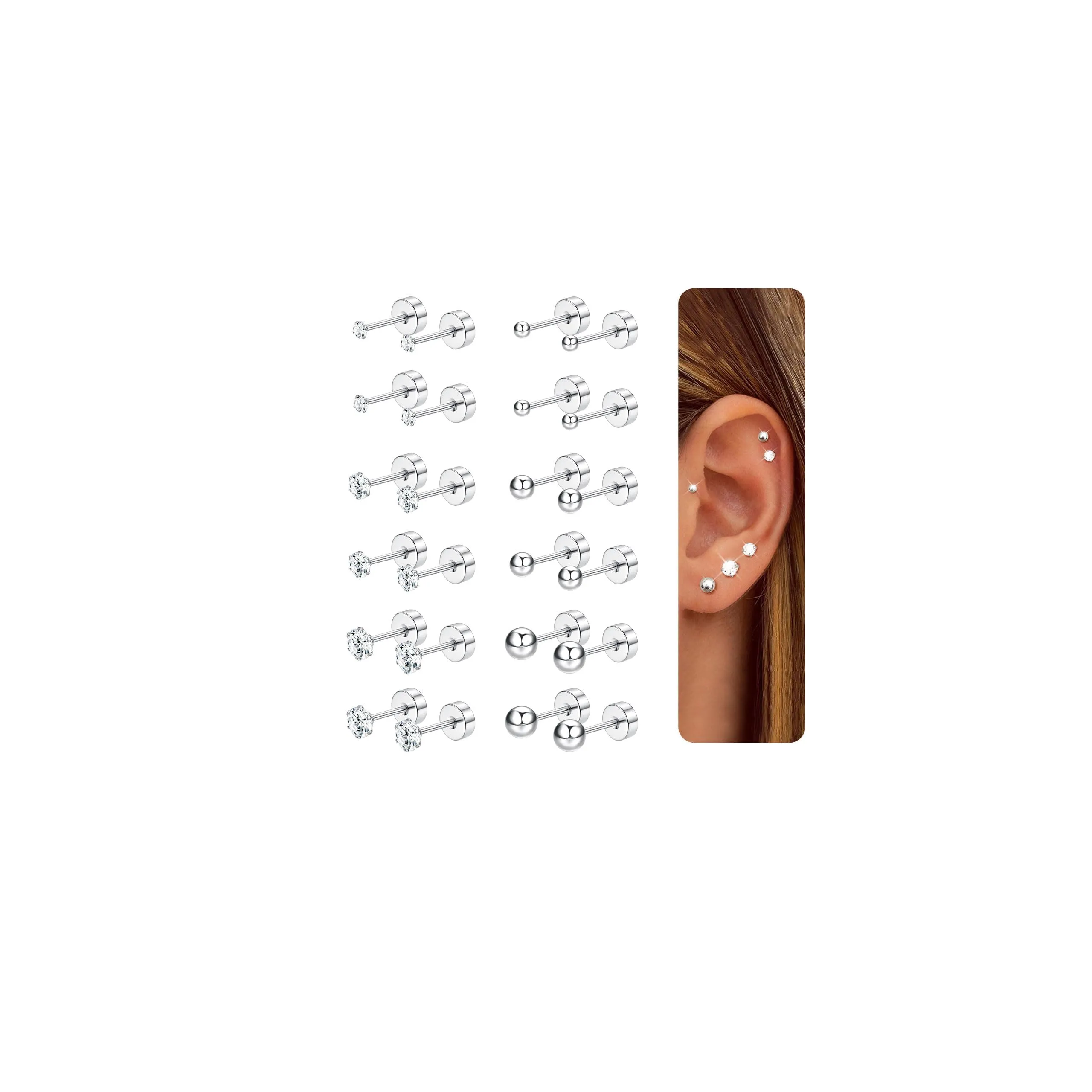 CASSIECA Set 12 Paia Orecchini in Acciaio Chirurgico Anallergici con CZ 2/3/4mm per Donna e Uomo, Piercing Cartilagine Trago Helix - immagine 1