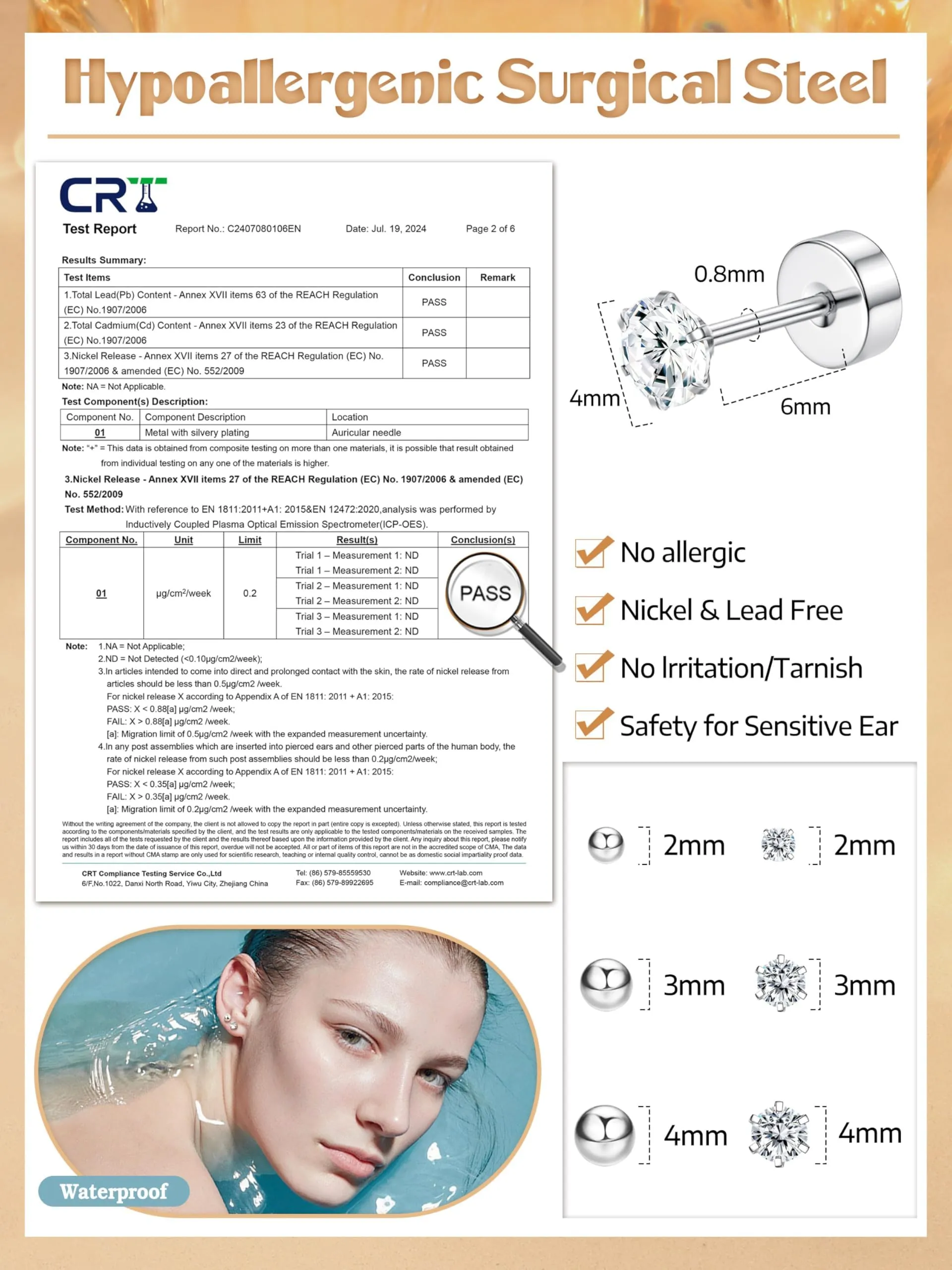 CASSIECA Set 12 Paia Orecchini in Acciaio Chirurgico Anallergici con CZ 2/3/4mm per Donna e Uomo, Piercing Cartilagine Trago Helix - immagine 2