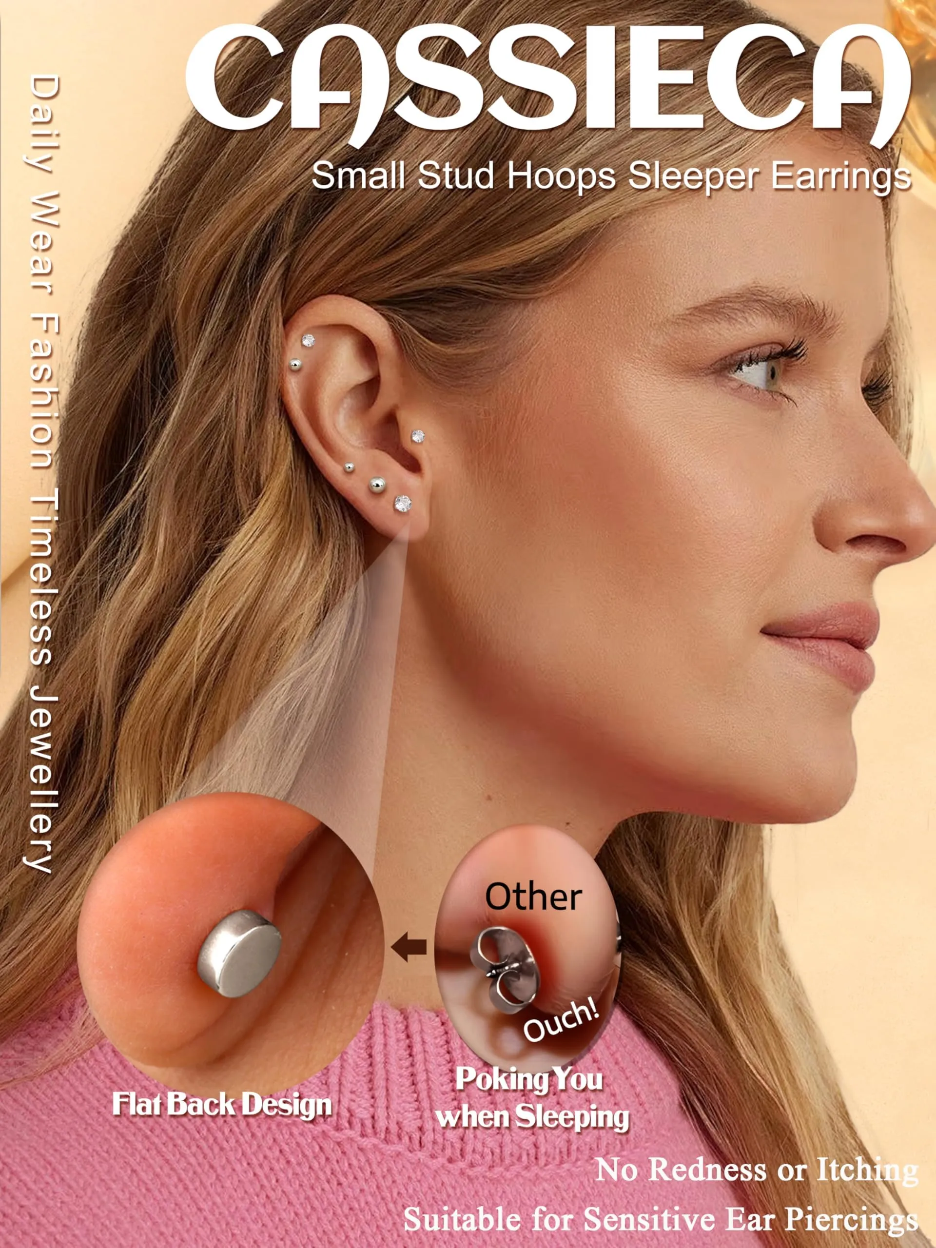 CASSIECA Set 12 Paia Orecchini in Acciaio Chirurgico Anallergici con CZ 2/3/4mm per Donna e Uomo, Piercing Cartilagine Trago Helix - immagine 3