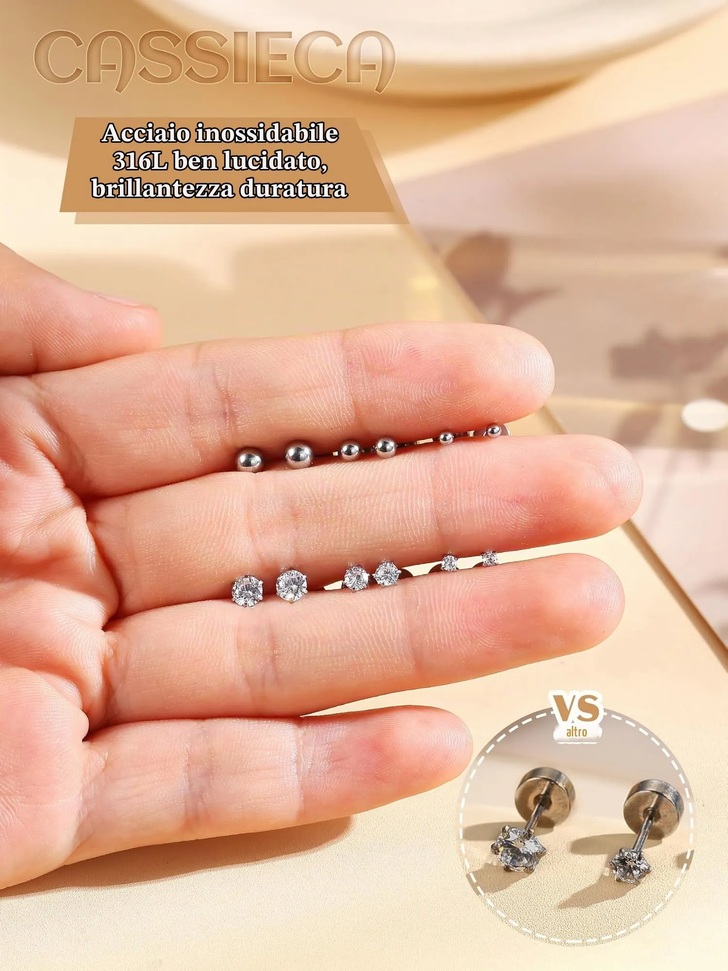 CASSIECA Set 12 Paia Orecchini in Acciaio Chirurgico Anallergici con CZ 2/3/4mm per Donna e Uomo, Piercing Cartilagine Trago Helix - immagine 5