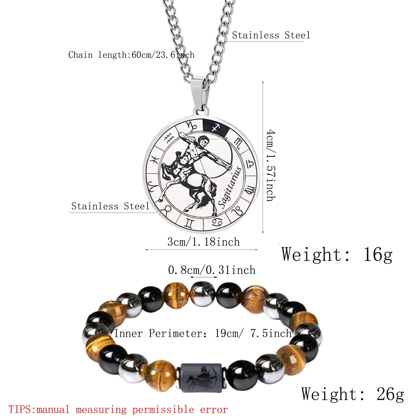 Caimeytie Set Collana e Bracciale Segno Zodiacale in Acciaio Inox, 60cm e 19cm - immagine 3