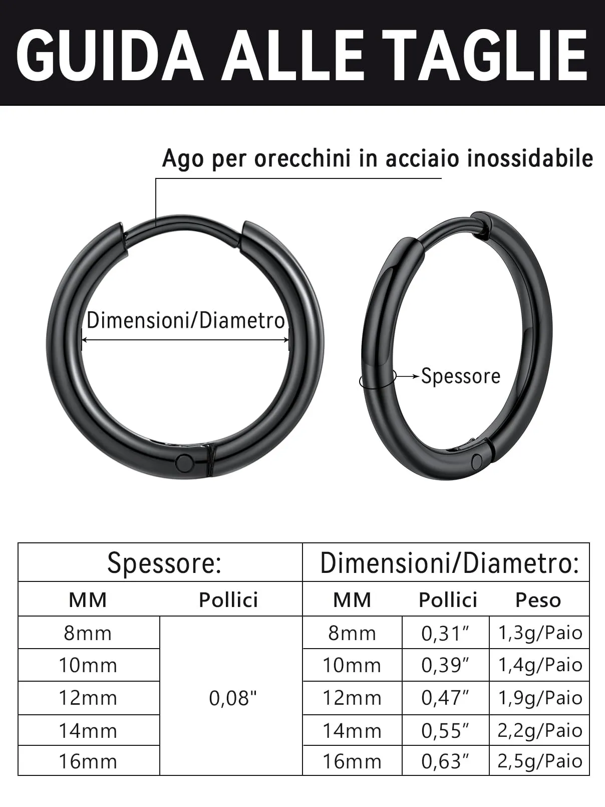 FaithHeart Orecchini Huggie Cerchi Nero 12mm Acciaio Chirurgico 316L - immagine 3