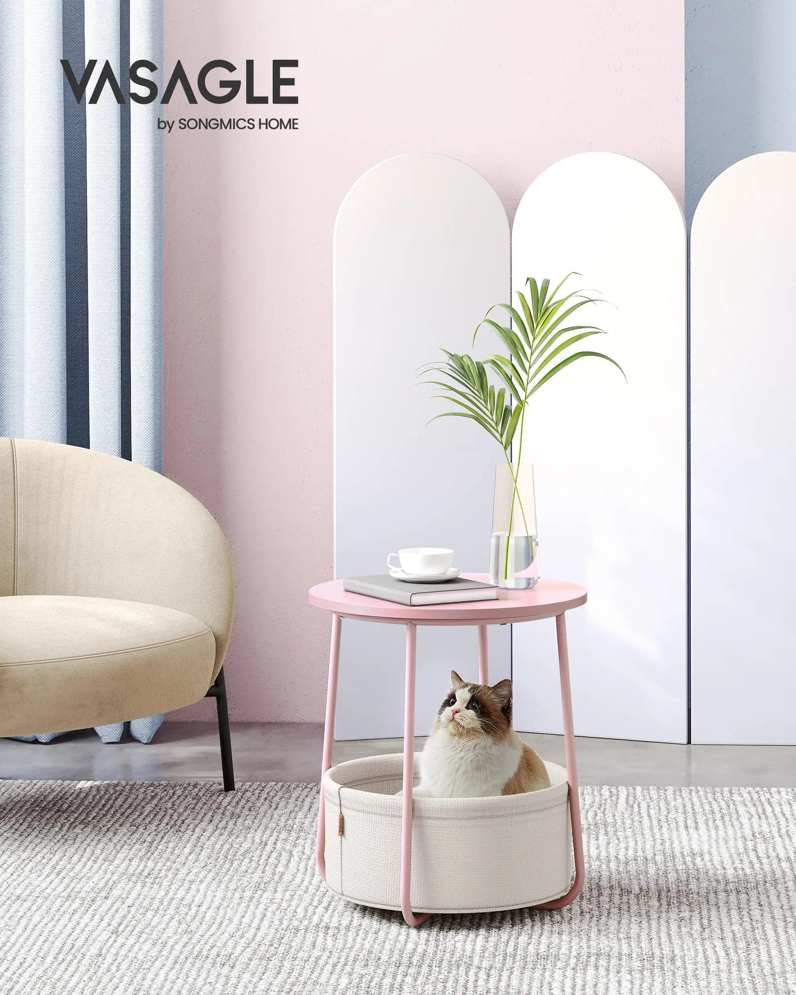 VASAGLE Tavolino Rotondo con Cestino in Tessuto, Rosa Pastello e Bianco Crema, LET223R61 - immagine 2