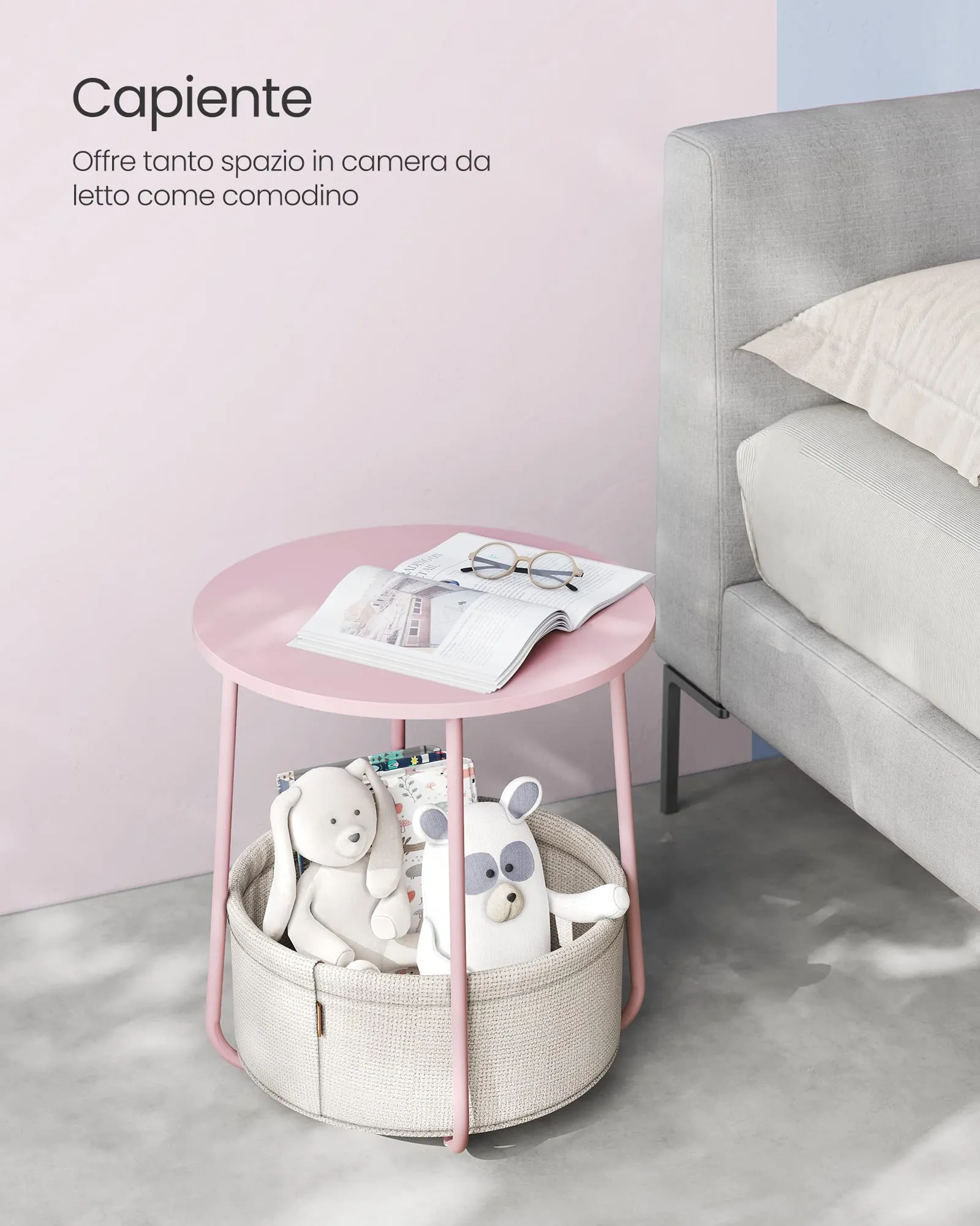 VASAGLE Tavolino Rotondo con Cestino in Tessuto, Rosa Pastello e Bianco Crema, LET223R61 - immagine 3