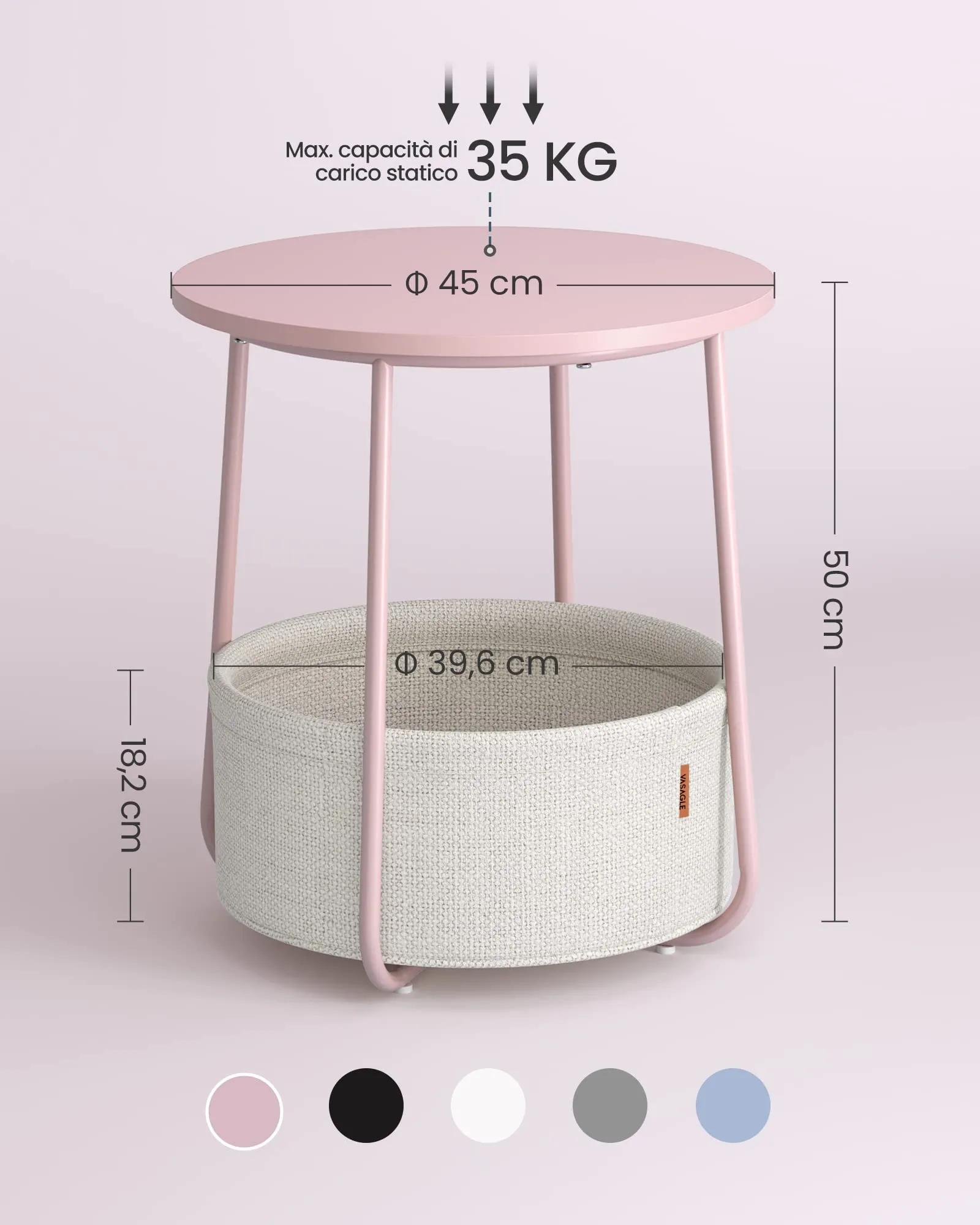 VASAGLE Tavolino Rotondo con Cestino in Tessuto, Rosa Pastello e Bianco Crema, LET223R61 - immagine 4
