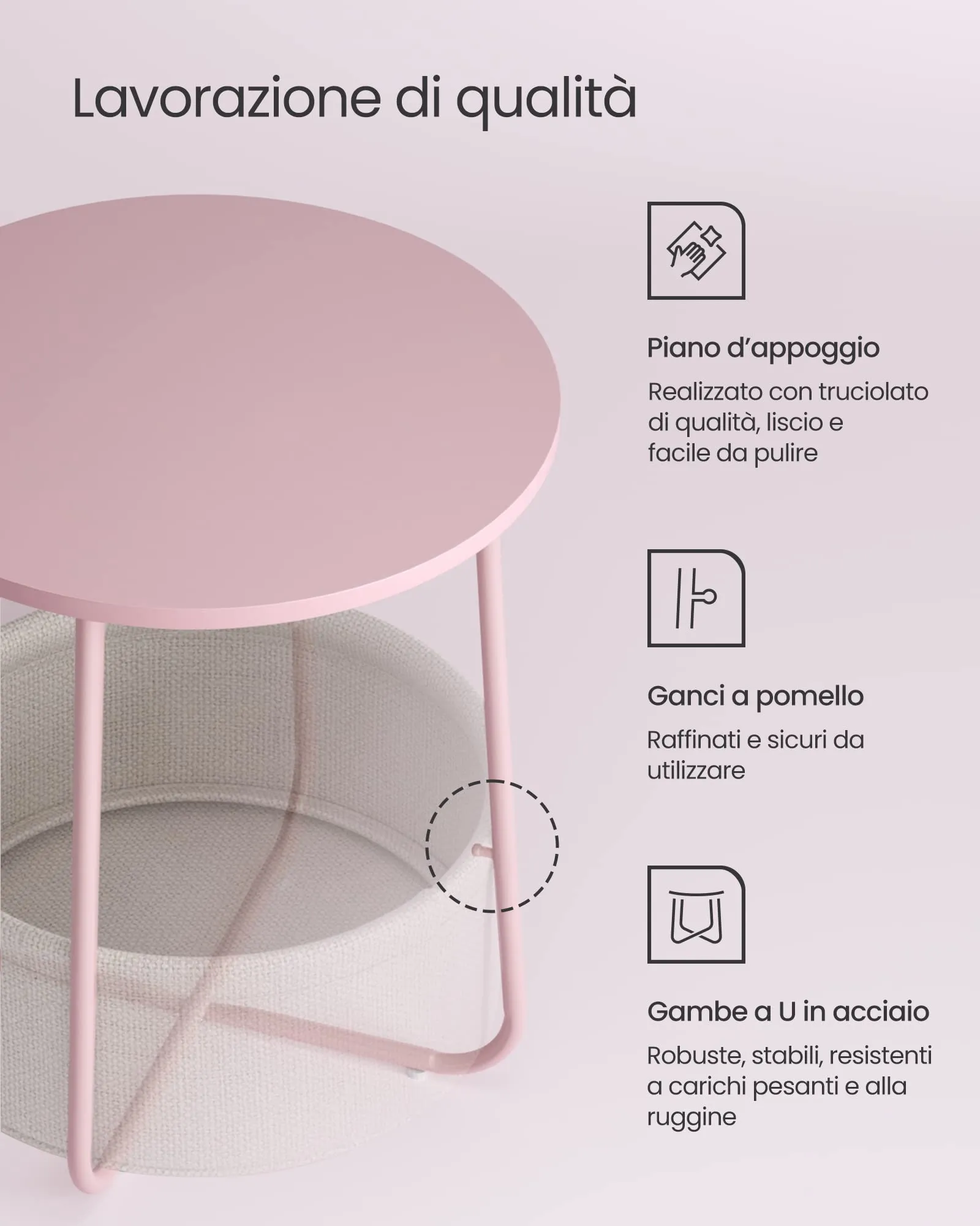 VASAGLE Tavolino Rotondo con Cestino in Tessuto, Rosa Pastello e Bianco Crema, LET223R61 - immagine 5