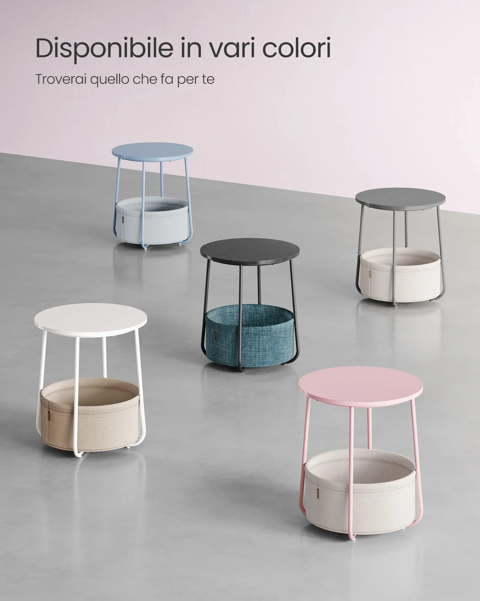 VASAGLE Tavolino Rotondo con Cestino in Tessuto, Rosa Pastello e Bianco Crema, LET223R61 - immagine 8
