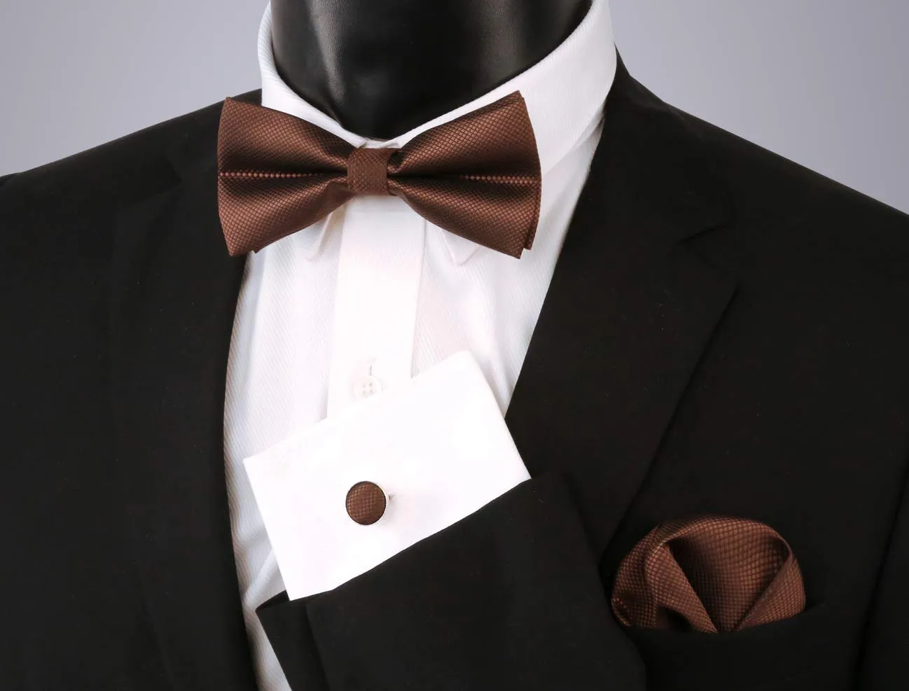 Alizeal Pre-tied Bow Tie, Cufflinks and Pocket Square Set - Caffè - immagine 2