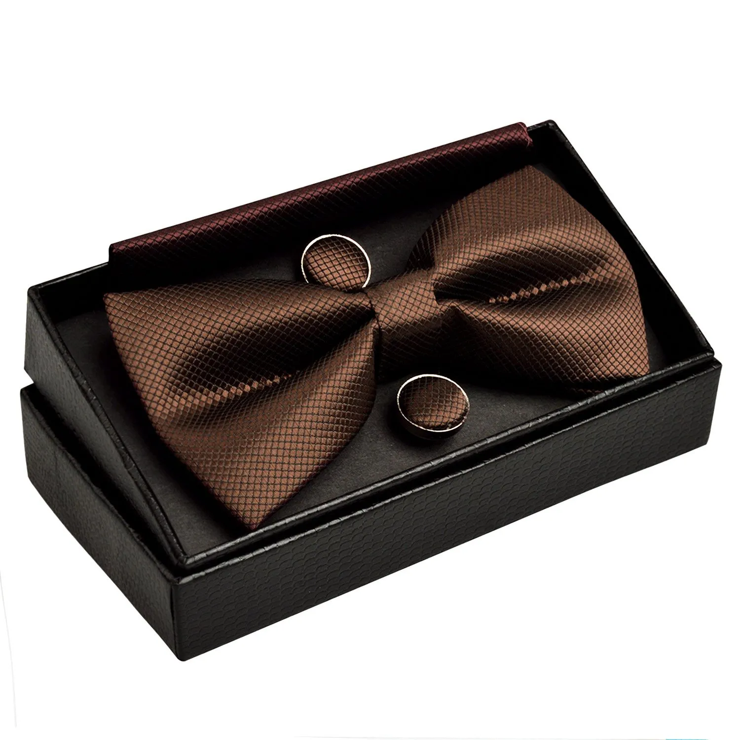 Alizeal Pre-tied Bow Tie, Cufflinks and Pocket Square Set - Caffè - immagine 3