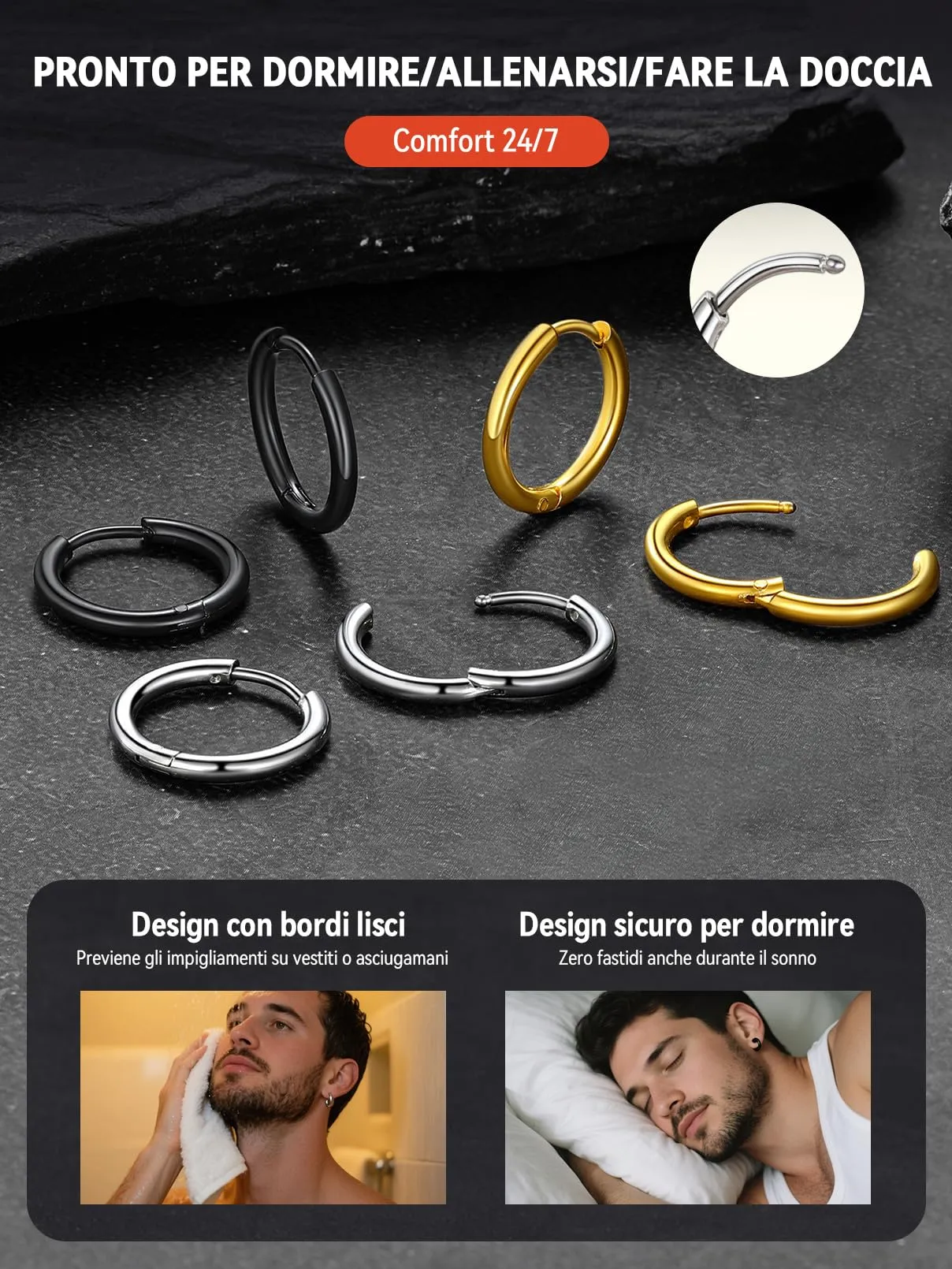 FaithHeart Orecchini a Cerchio Huggie in Acciaio Inossidabile 316L, 8mm, Nero - immagine 8