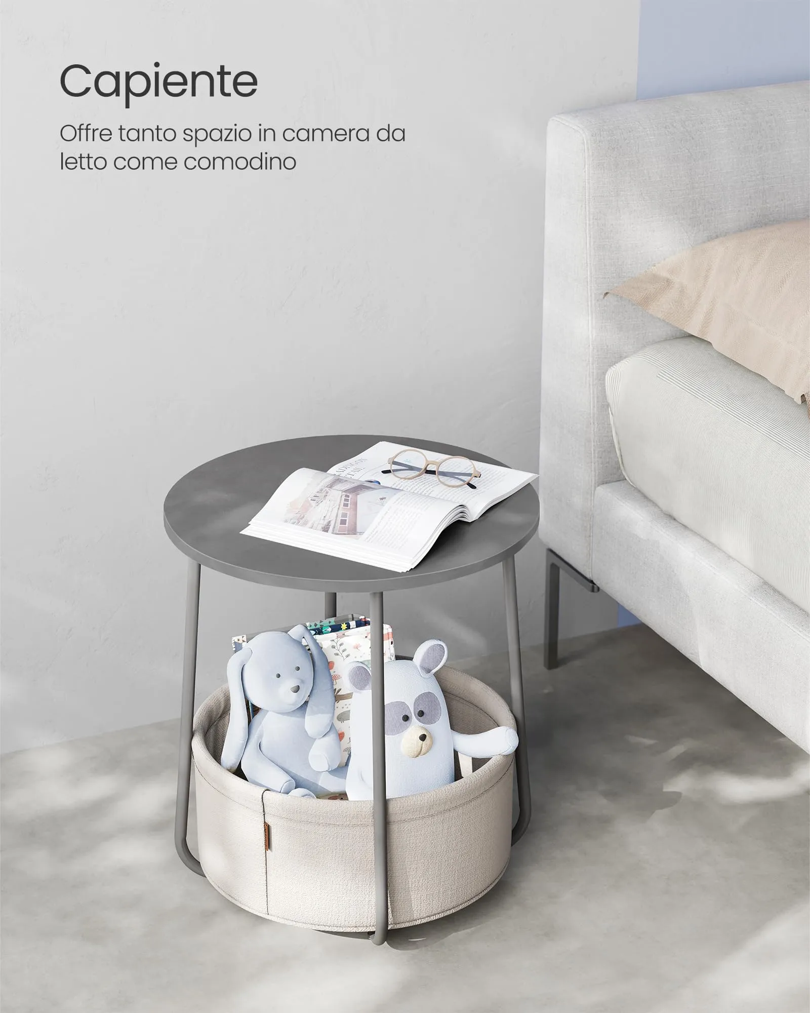 VASAGLE Lilea Tavolino Rotondo con Cestino in Tessuto, Grigio Cemento e Bianco Crema LET223G49 - immagine 4