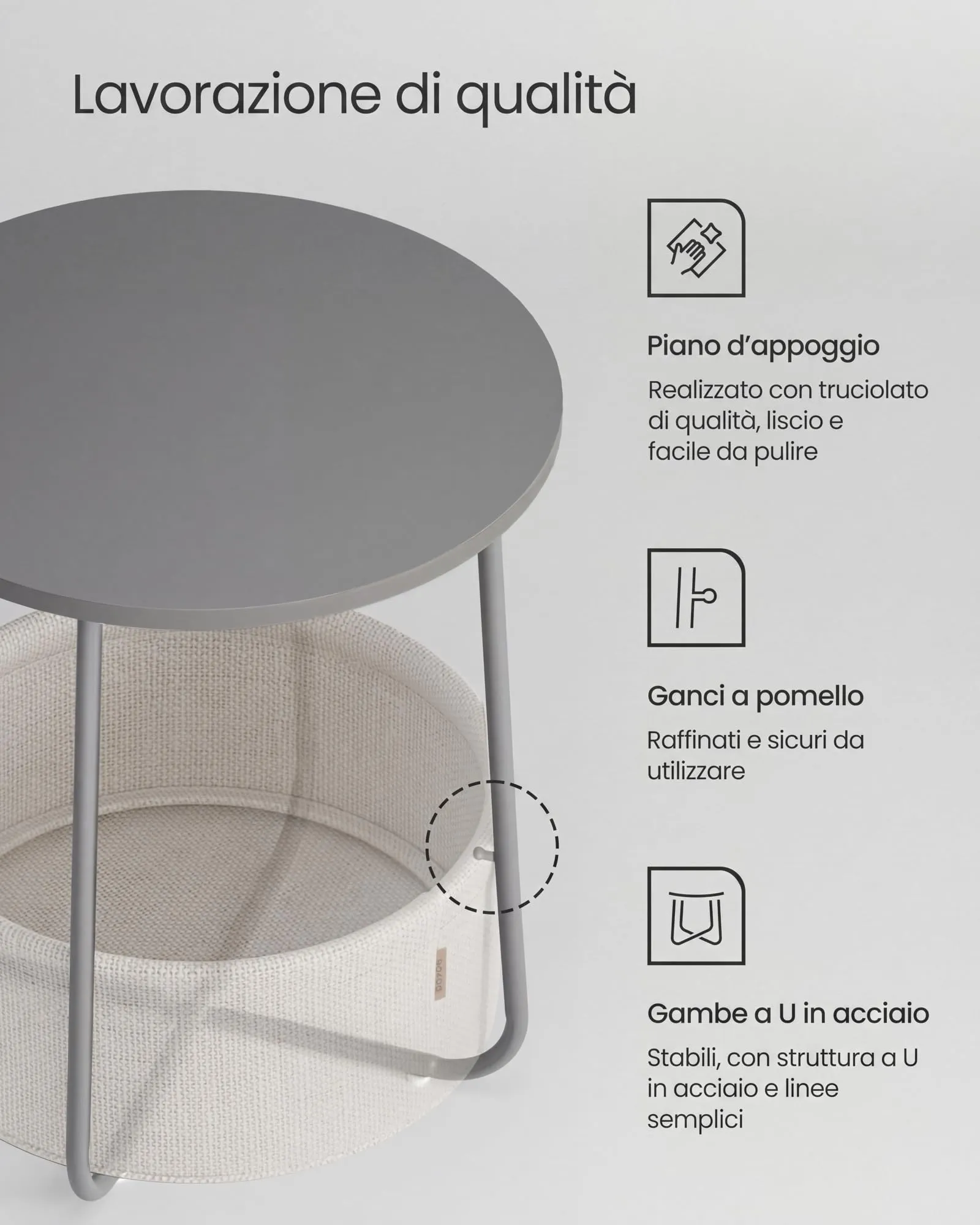 VASAGLE Lilea Tavolino Rotondo con Cestino in Tessuto, Grigio Cemento e Bianco Crema LET223G49 - immagine 5