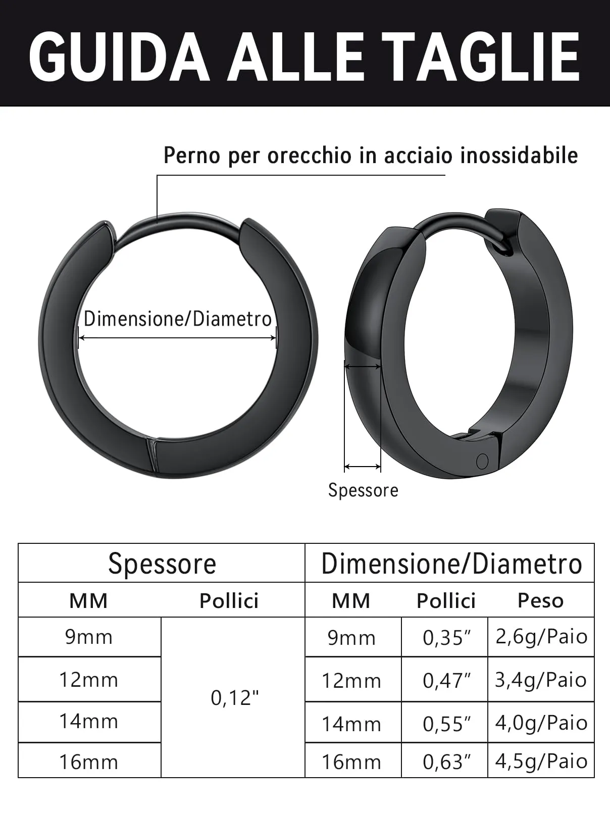 FaithHeart Orecchini a Cerchio Angolato Huggie in Acciaio Inossidabile Nero 9mm - immagine 4