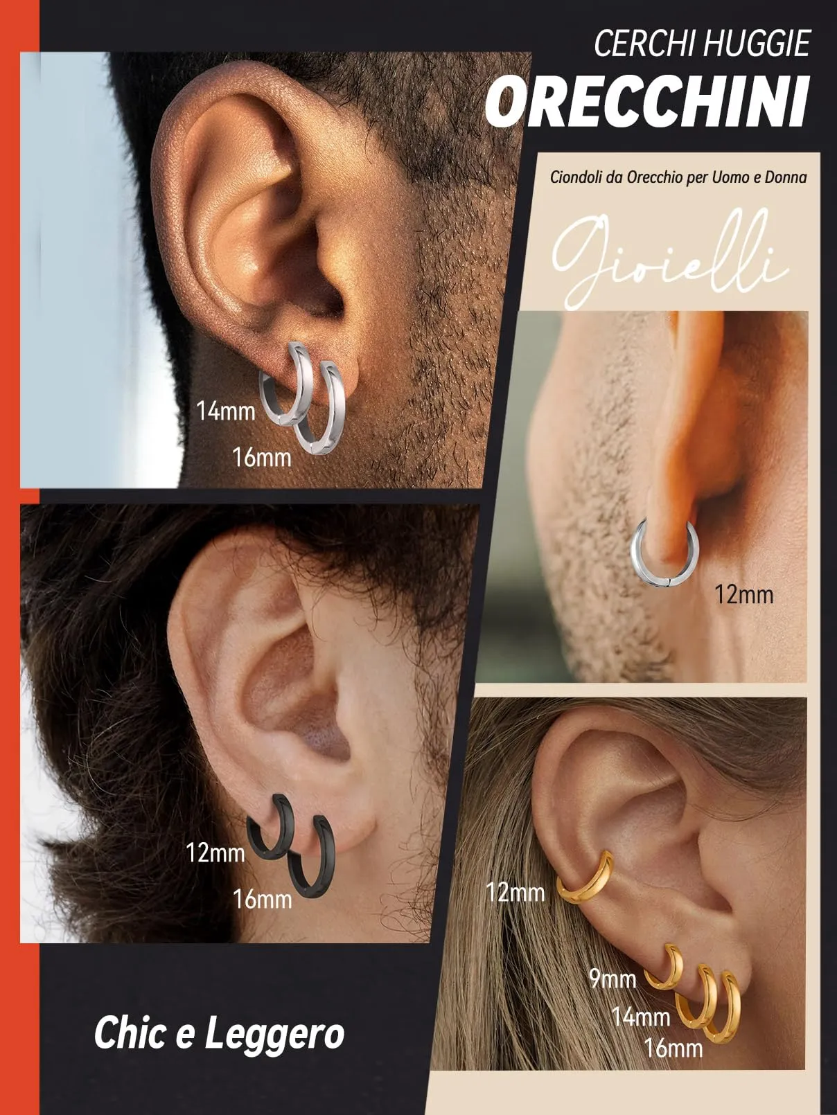 FaithHeart Orecchini a Cerchio Angolato Huggie in Acciaio Inossidabile Nero 9mm - immagine 6