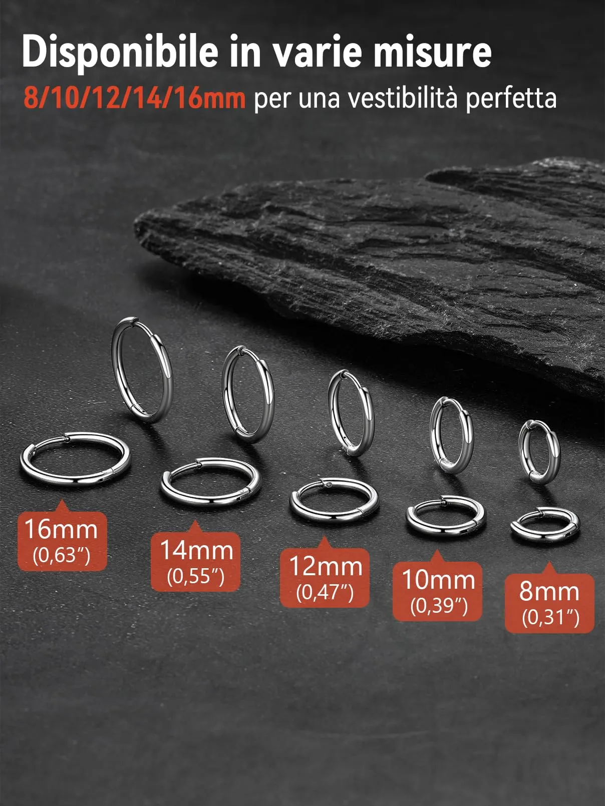 FaithHeart Orecchini Huggie Cerchi Nero 16mm in Acciaio Chirurgico 316L - immagine 5
