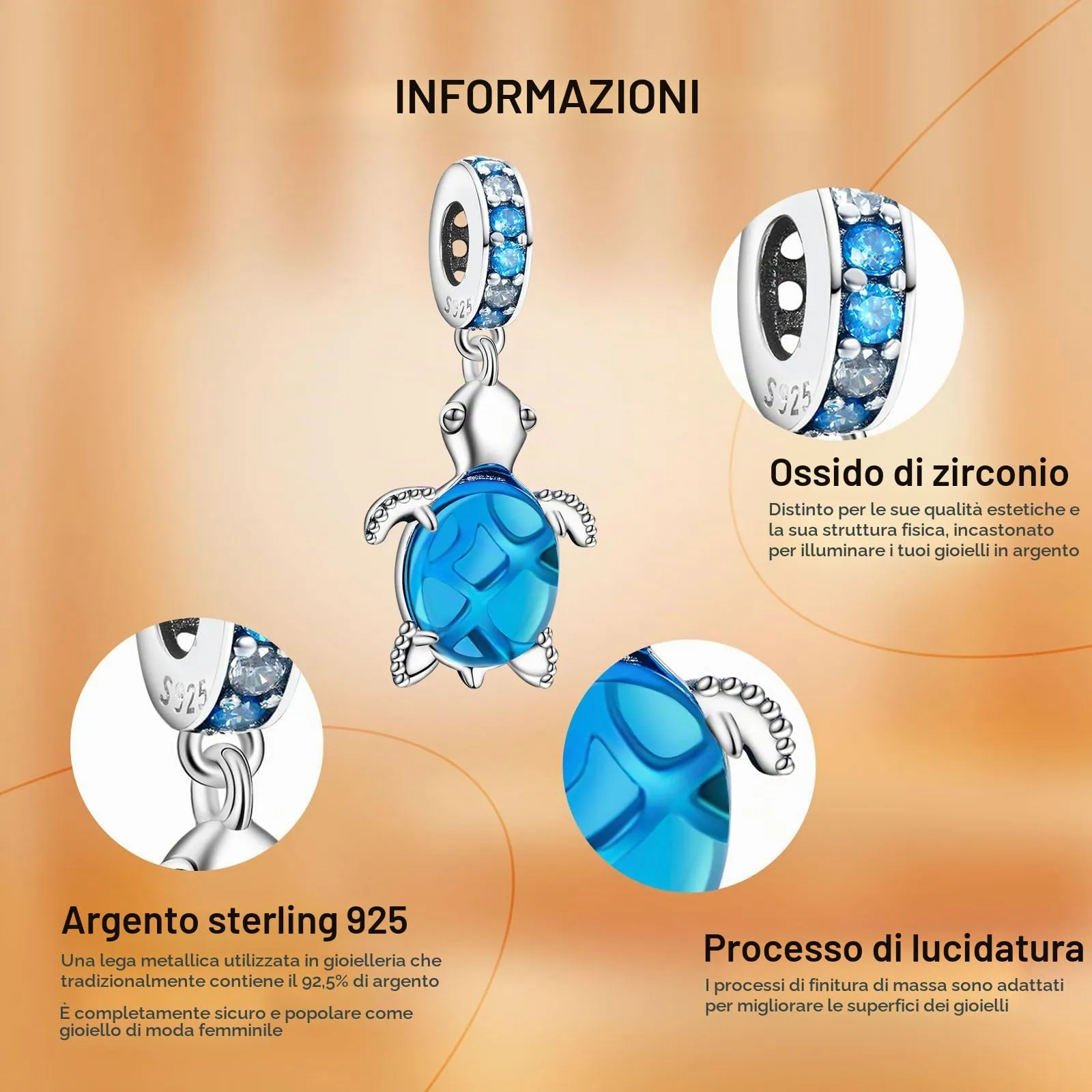 Rimgoris Argento 925 Charm Tartaruga Oceano Gemma Blu per Bracciali e Collana - immagine 5