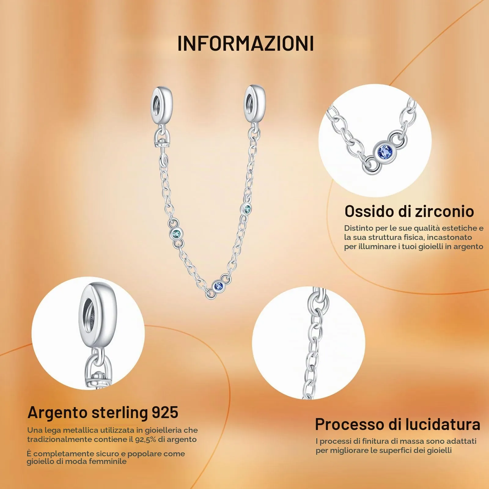 Rimgoris Argento 925 Charm per Donna, Catena di Sicurezza con Tripla Pietra Blu per Bracciali e Collana - immagine 4