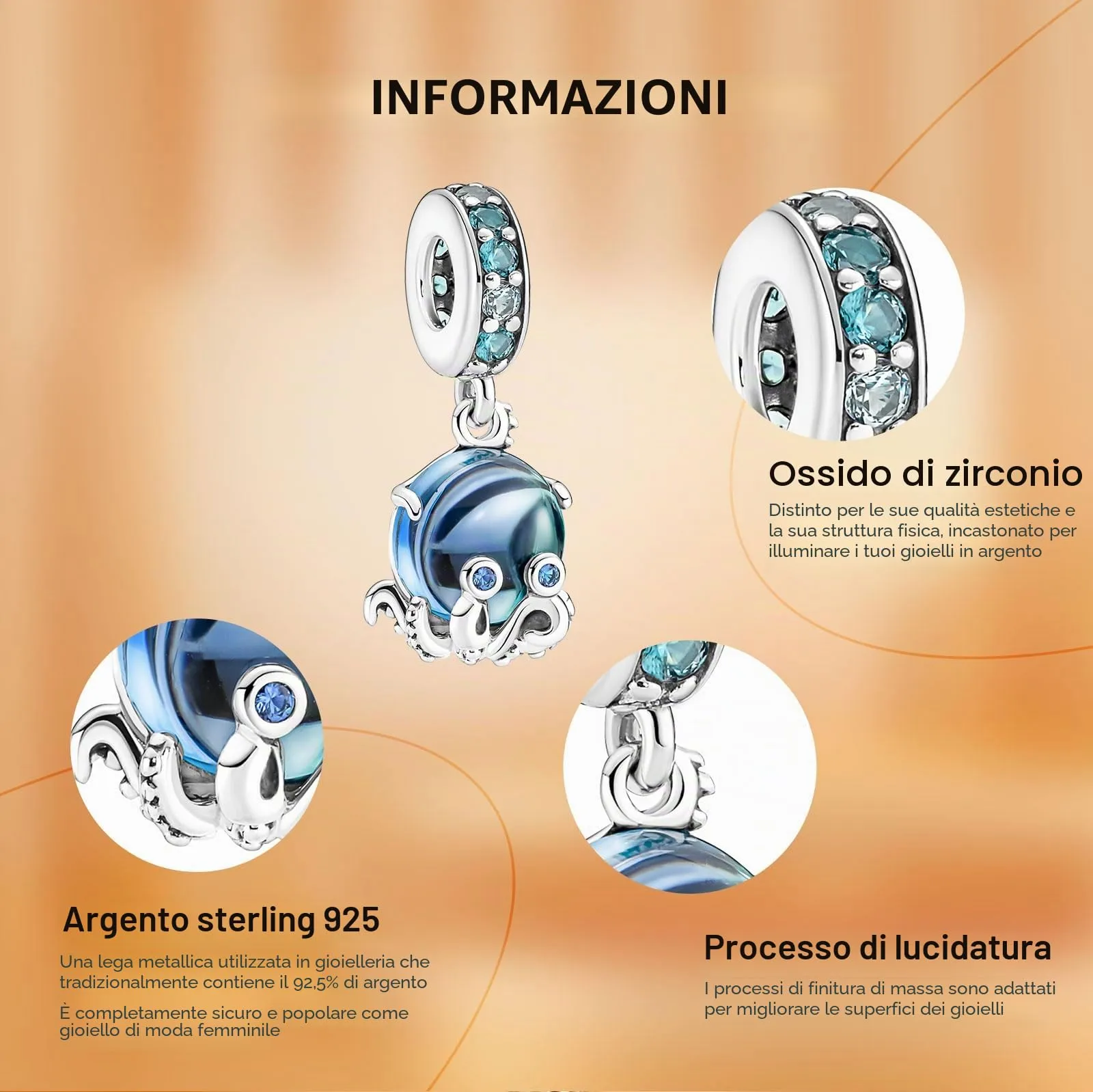 Rimgoris Argento 925 Charm Oceano Octopus Blue Gem per Bracciali e Collana - immagine 6