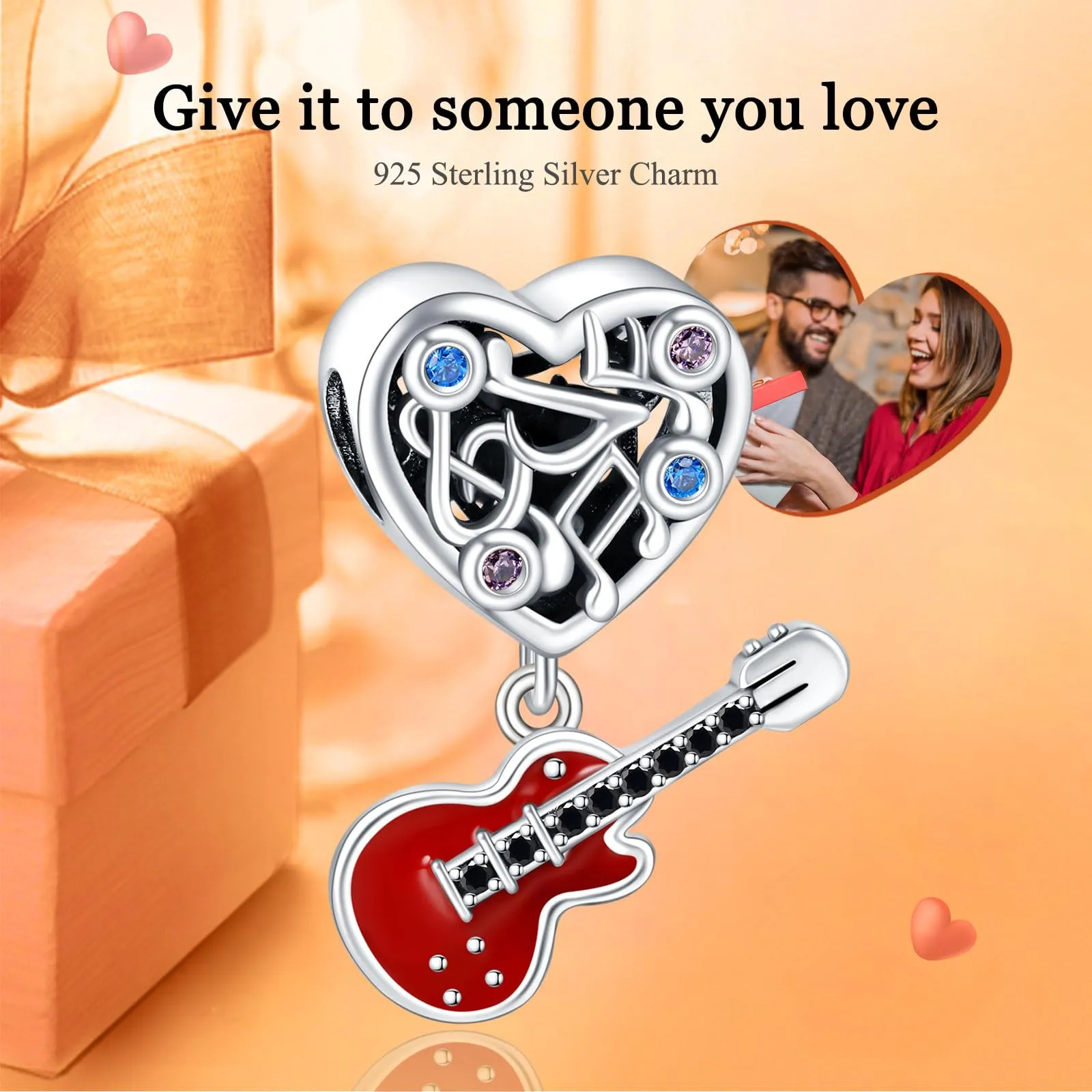 Rimgoris 925 Argento Sterling Charm Cuore Gemma Nota Musicale Chitarra per Bracciali e Collane da Donna - immagine 2